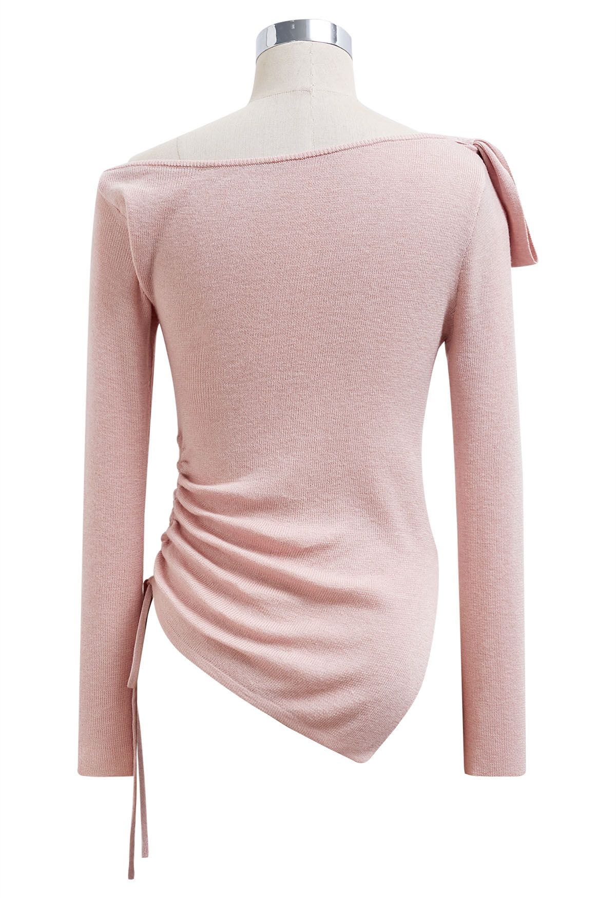 Side Bowknot Decor Drawstring Waist Knit Top in Pink