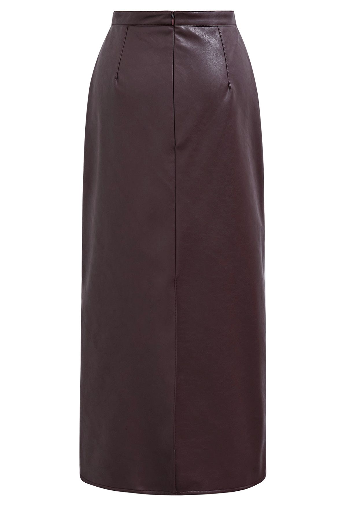 Smooth Silhouette Faux Leather Split Maxi Skirt in Burgundy