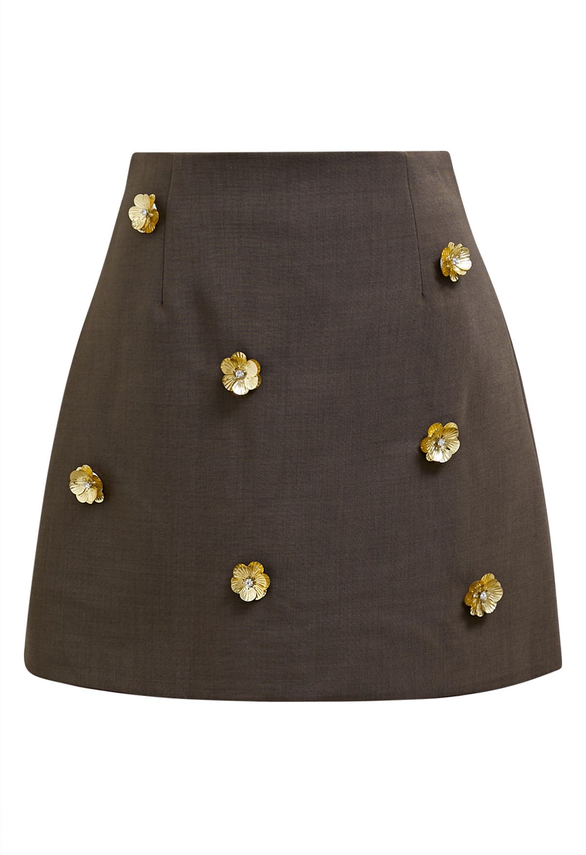 3D Golden Flower Embellished Mini Skirt in Brown