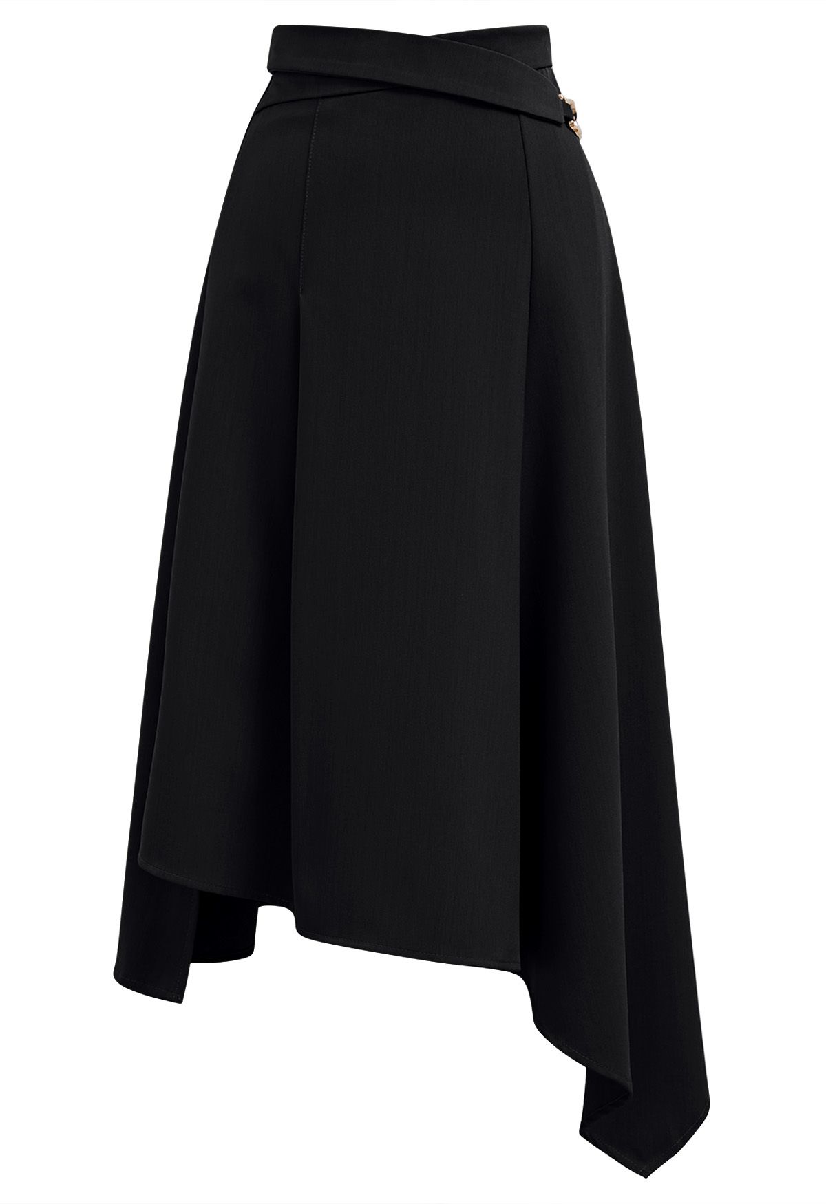 Belt Trim Asymmetry Flowy Midi Skirt in Black