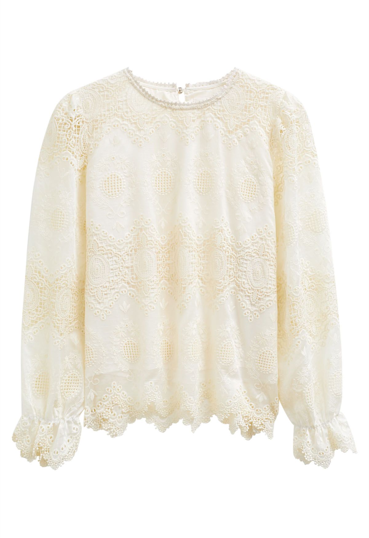 Embroidered Lace Zigzag Hemline Top in Cream