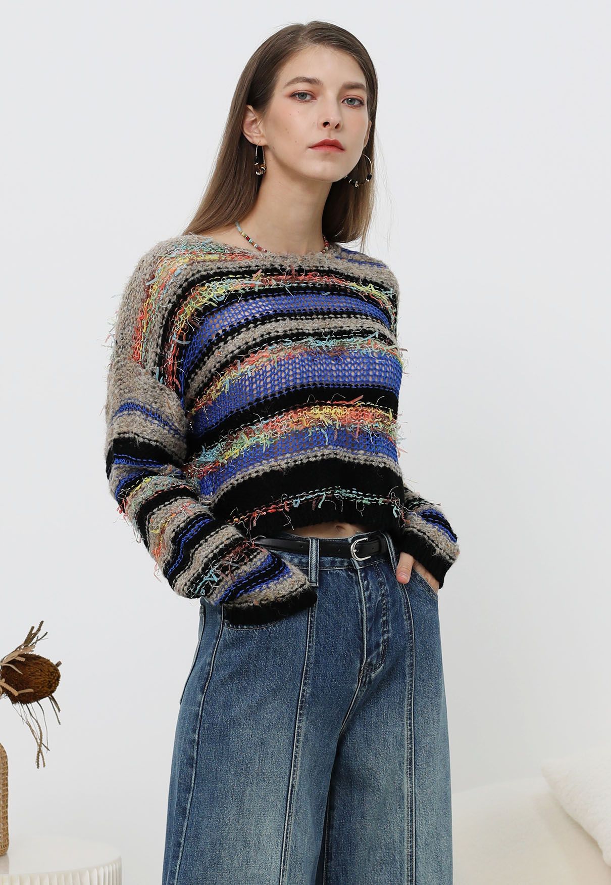 Multicolored Stripe Pointelle Fringed Knit Sweater in Black