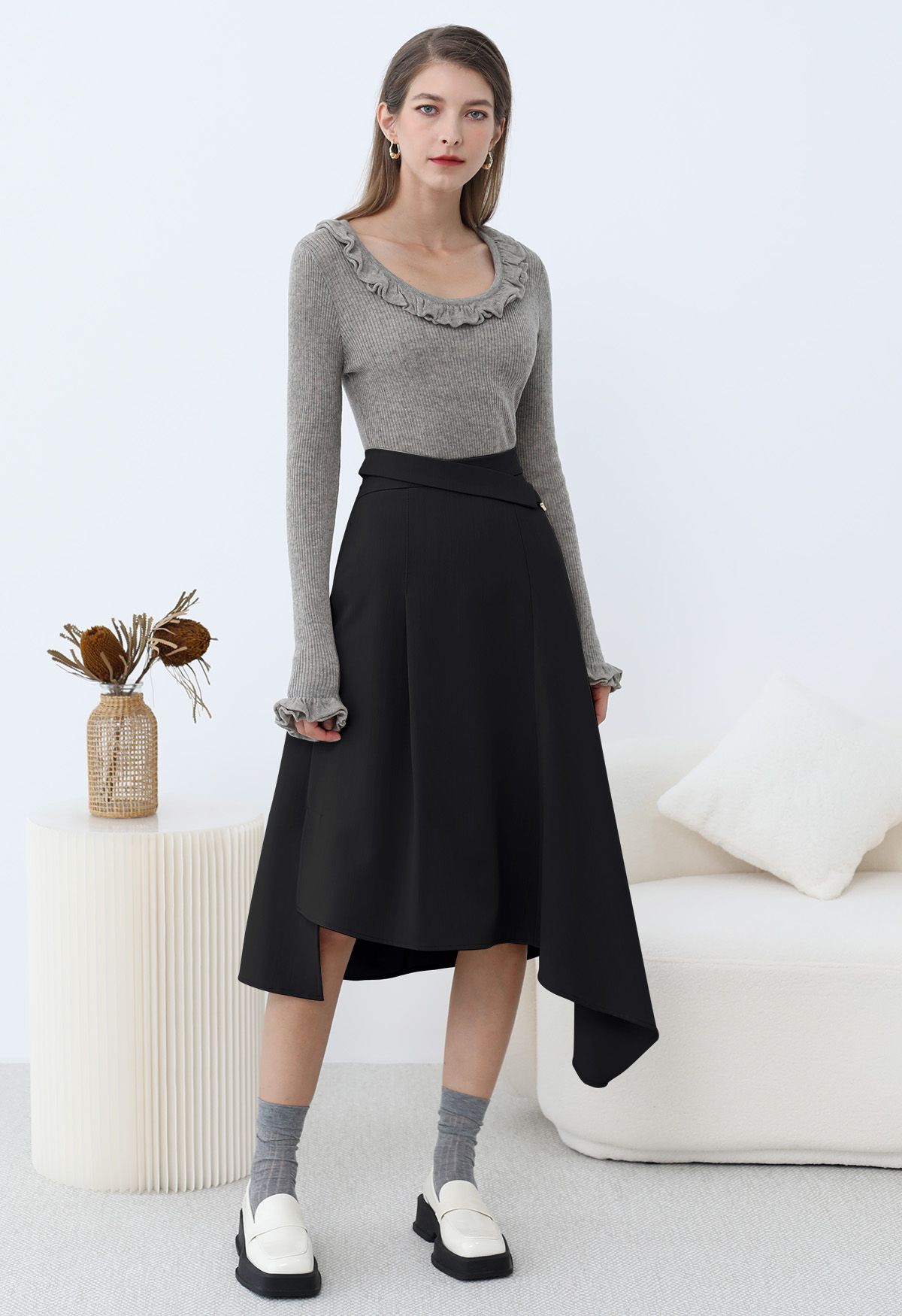 Belt Trim Asymmetry Flowy Midi Skirt in Black