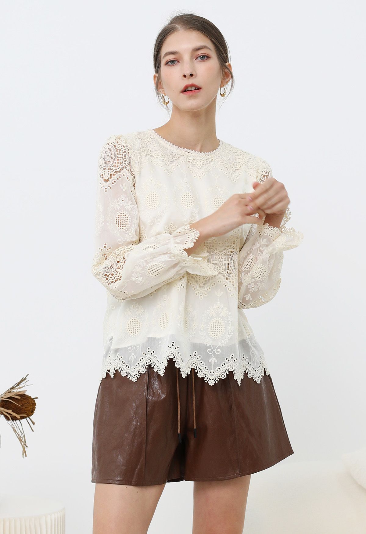 Embroidered Lace Zigzag Hemline Top in Cream