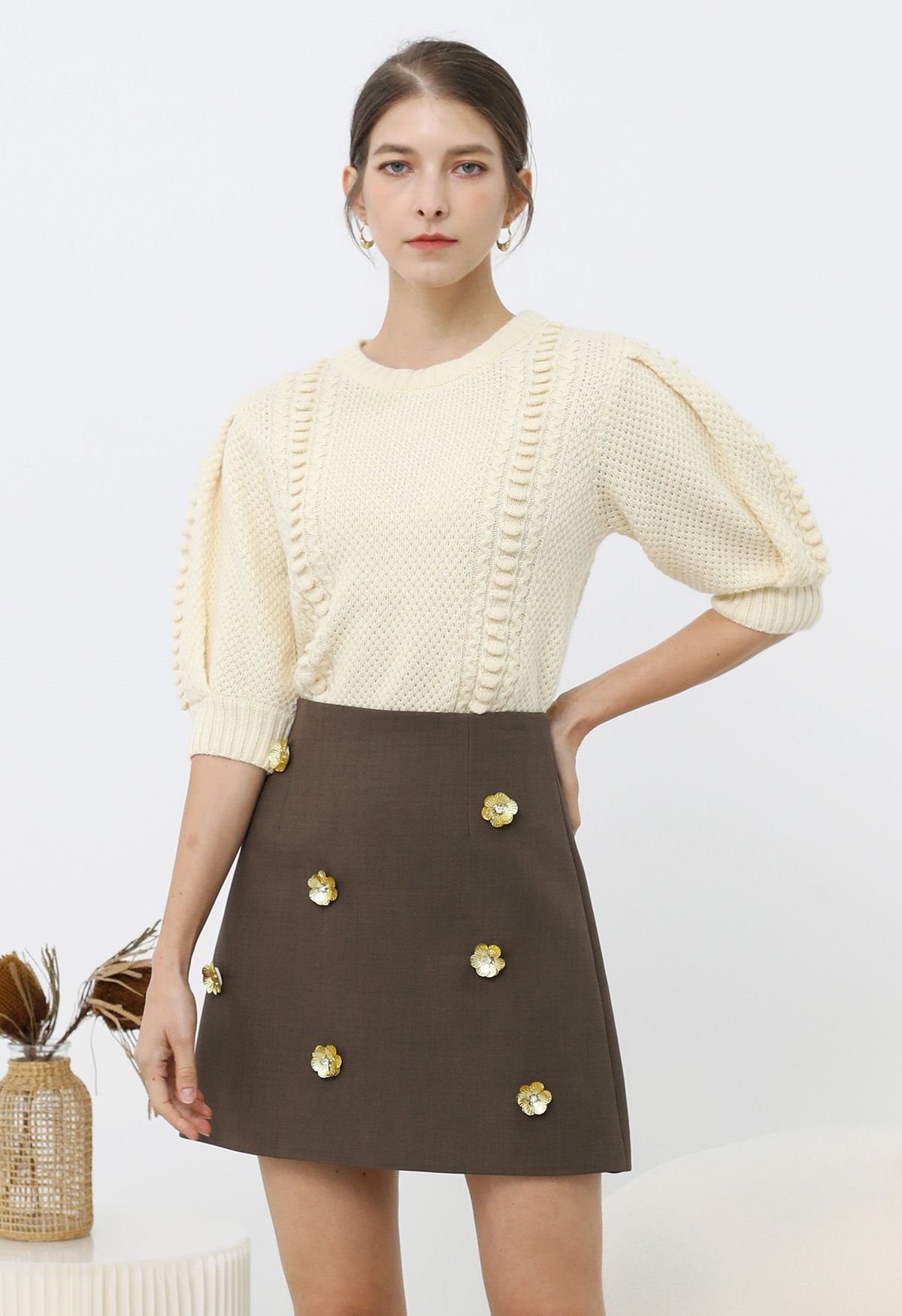 Embossed Texture Puff Sleeve Knit Sweater in Light Yellow