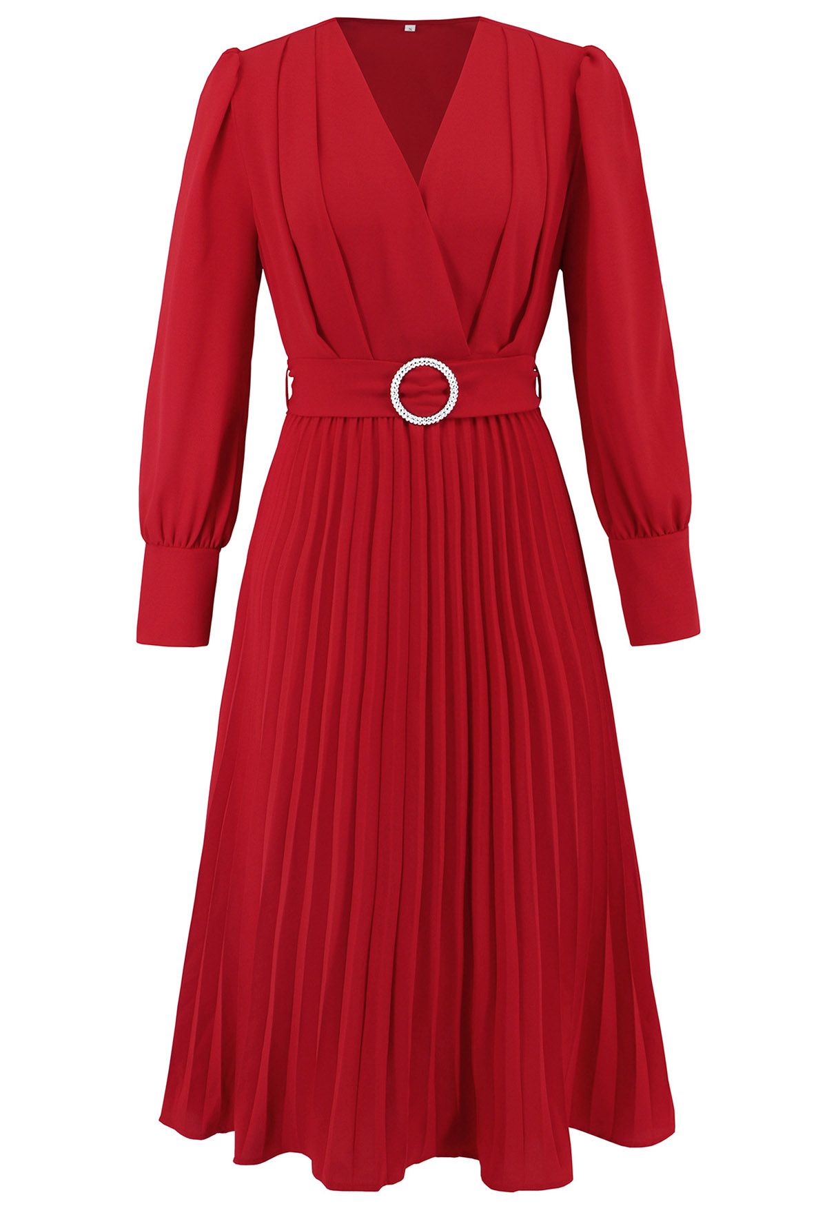 Graceful Pleats Faux-Wrap Belted Midi Dress in Red