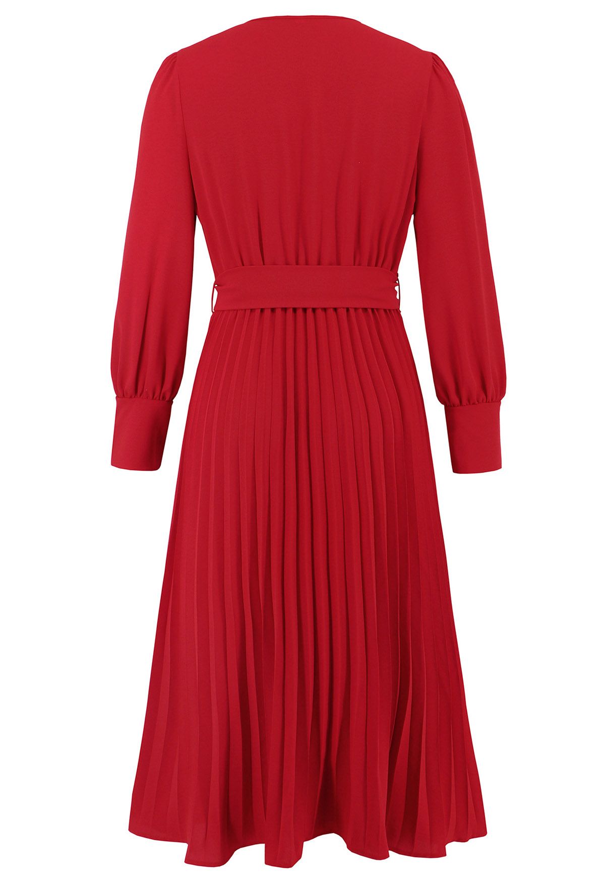 Graceful Pleats Faux-Wrap Belted Midi Dress in Red