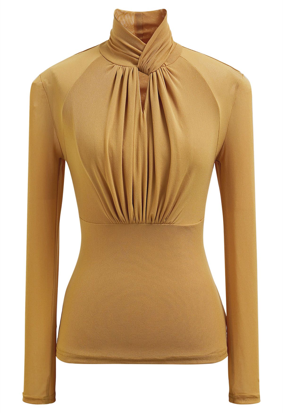 Knotted Mock Neck Cutout Mesh Top in Mustard