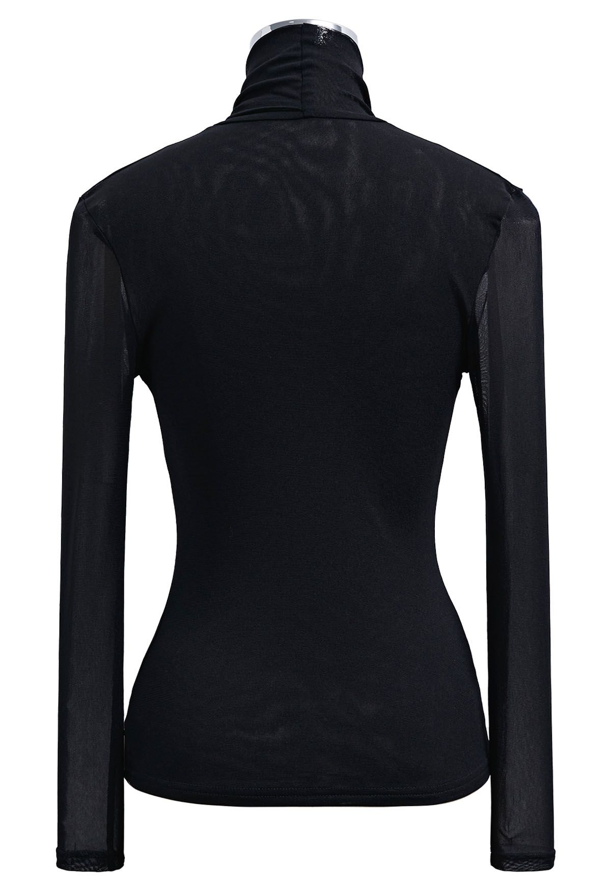 Knotted Mock Neck Cutout Mesh Top in Black