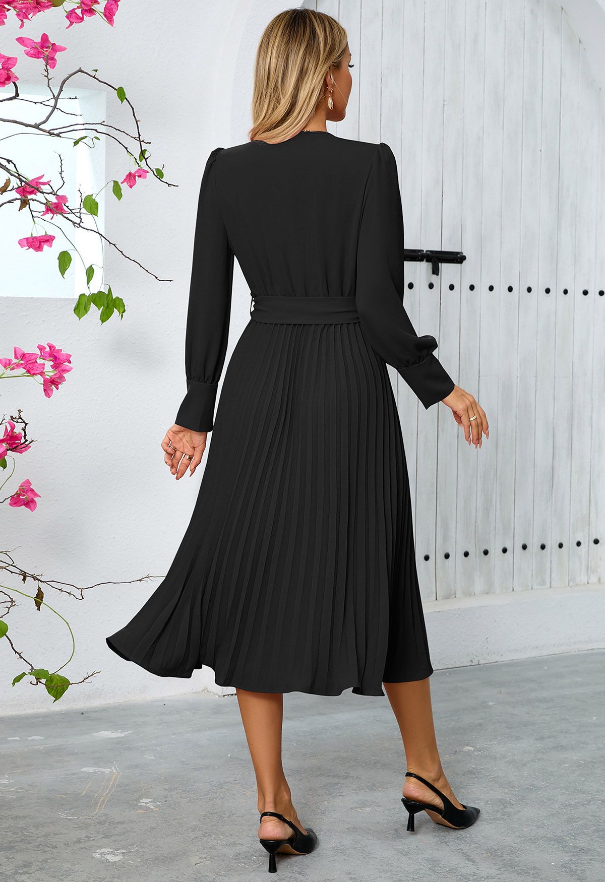 Graceful Pleats Faux-Wrap Belted Midi Dress in Black