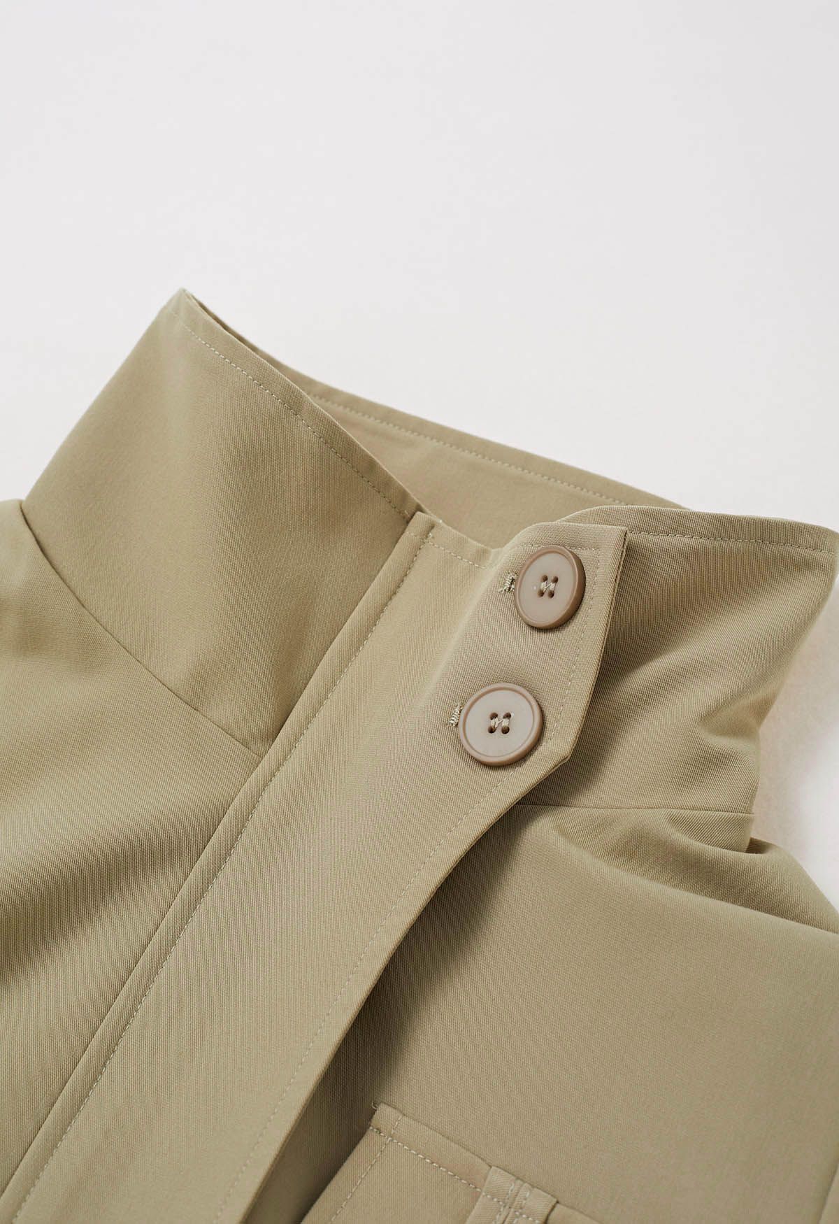 Outfitted Collared Flap Pocket Drawstring Trench Coat in Khaki