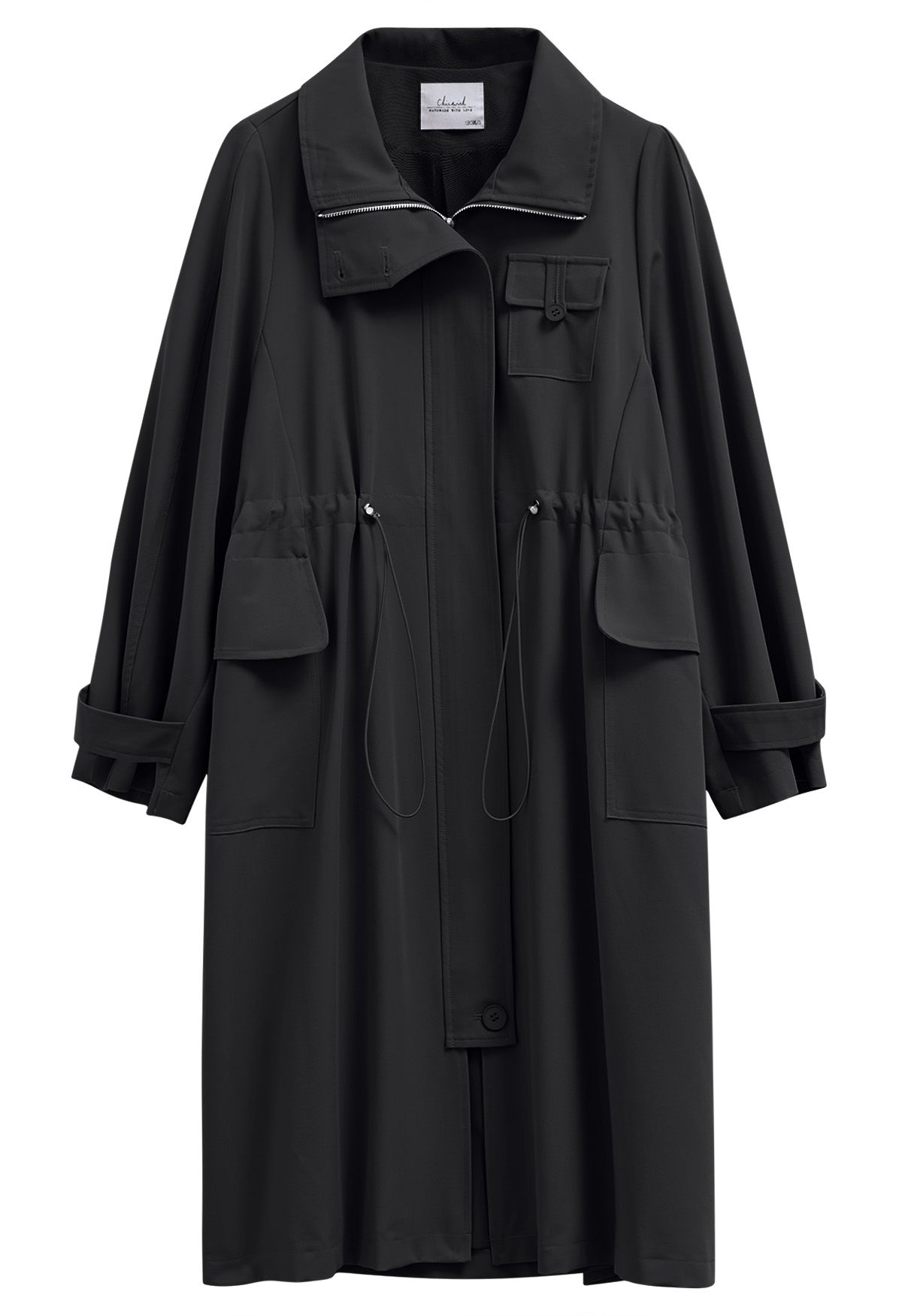 Outfitted Collared Flap Pocket Drawstring Trench Coat in Black