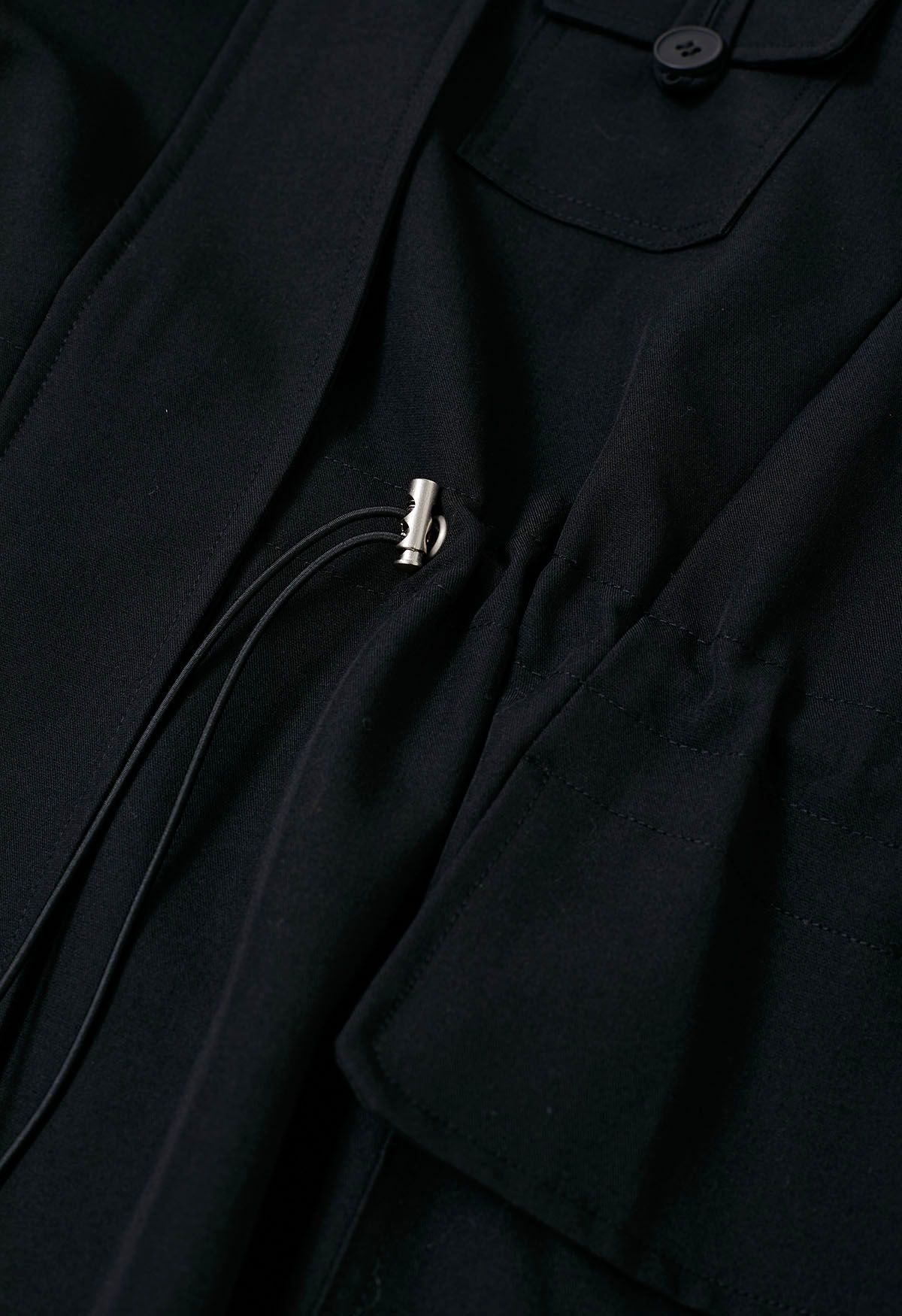 Outfitted Collared Flap Pocket Drawstring Trench Coat in Black