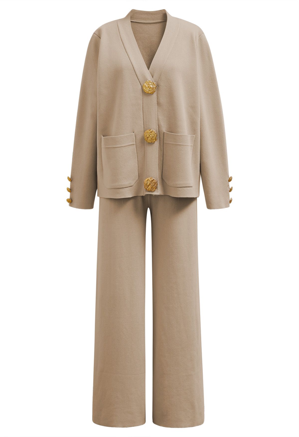 Golden Button Patch Pocket Knit Cardigan and Pants Set in Tan