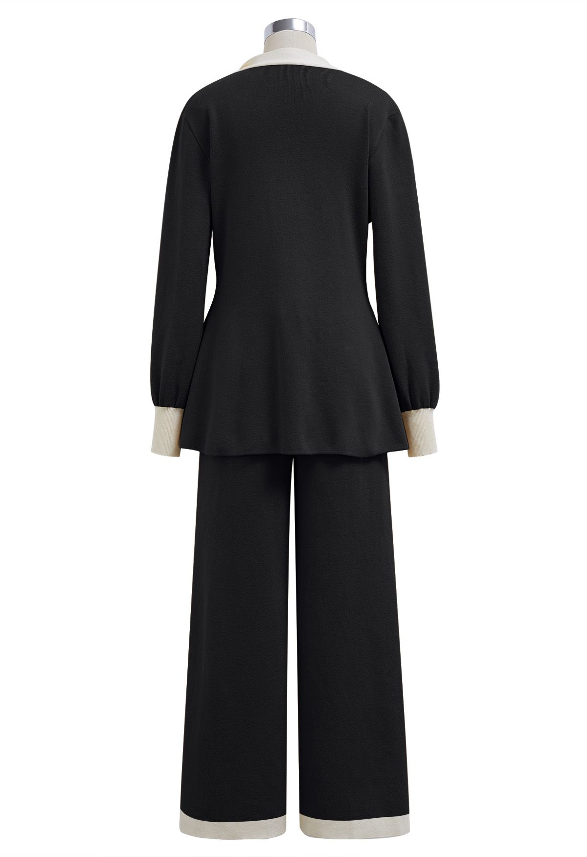 Contrast Edge Bowknot Knit Sweater and Pants Set in Black