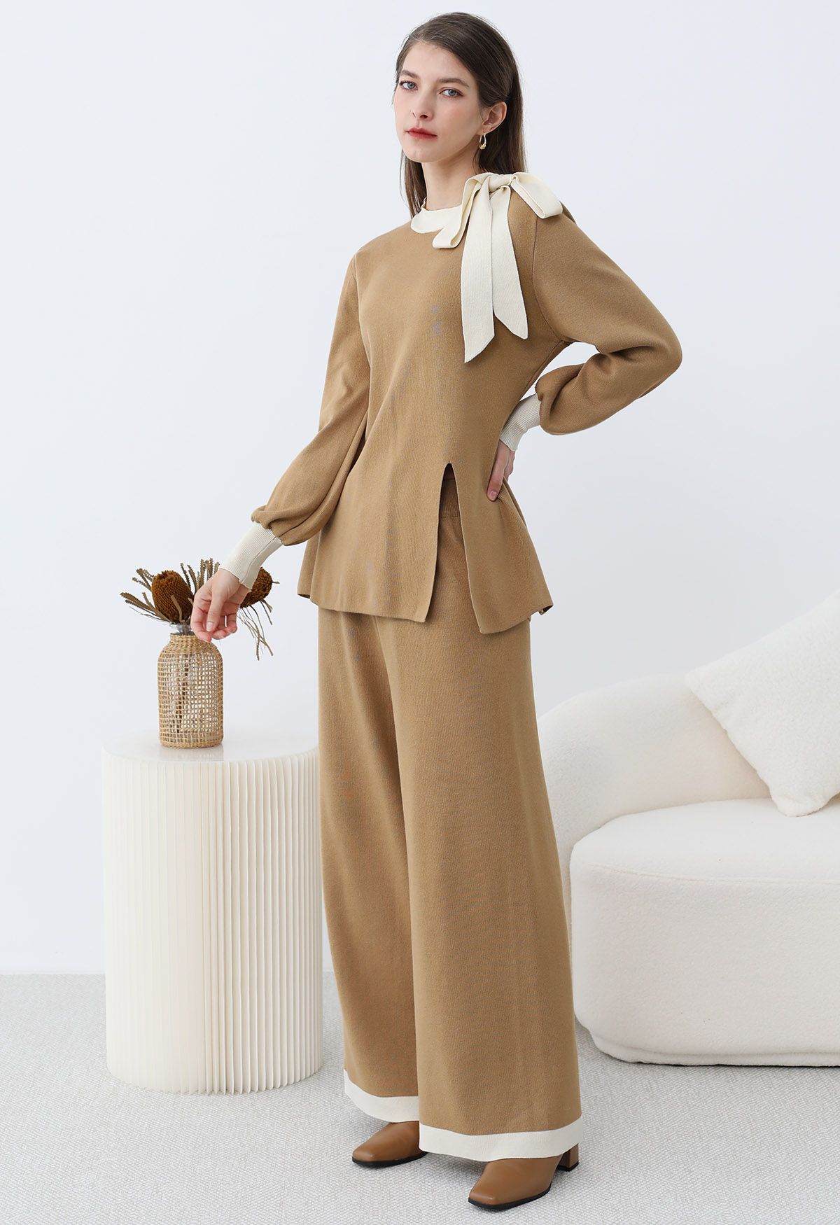 Contrast Edge Bowknot Knit Sweater and Pants Set in Camel