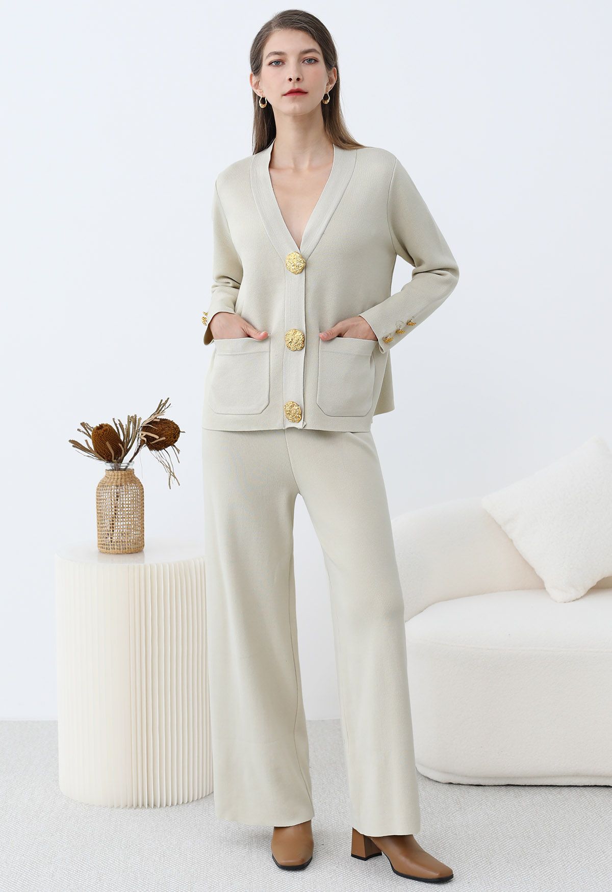 Golden Button Patch Pocket Knit Cardigan and Pants Set in Ivory