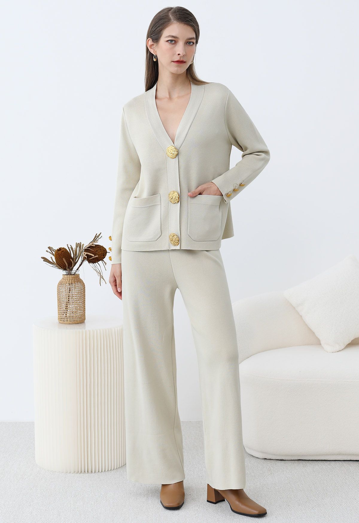 Golden Button Patch Pocket Knit Cardigan and Pants Set in Ivory