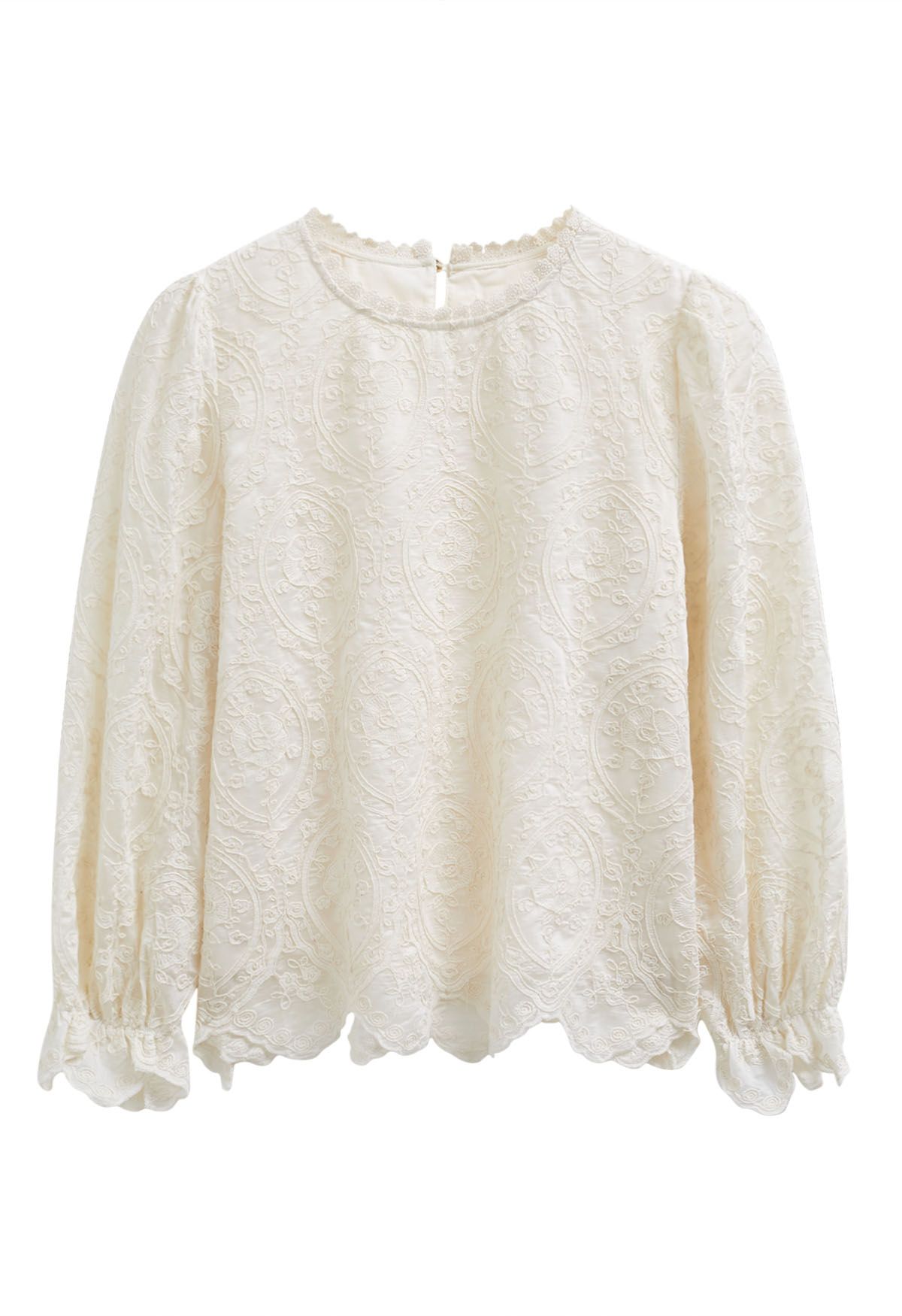 Embroidery Overlay Scalloped Long-Sleeve Top in Cream