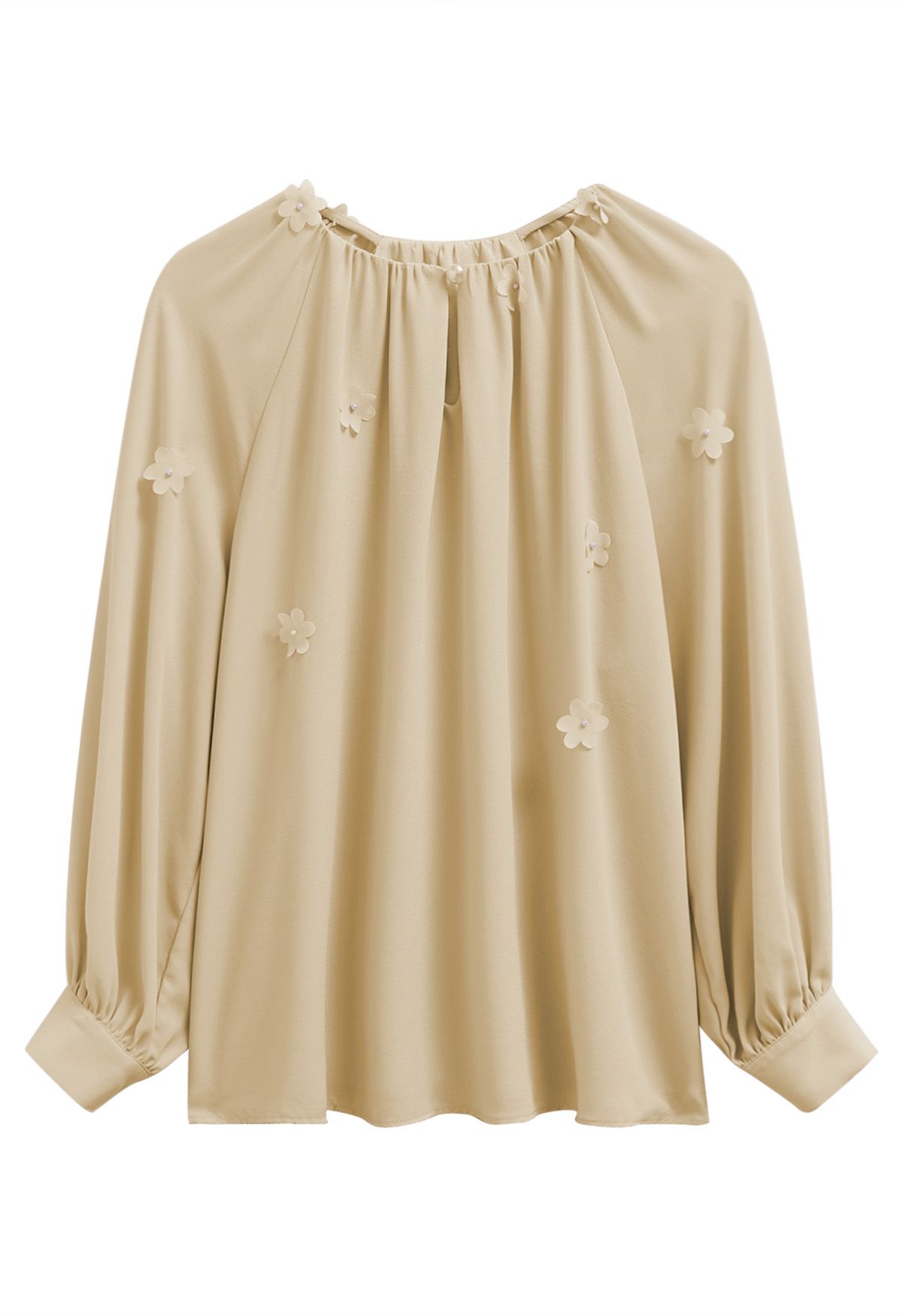 3D Floret Pearly Cutout Puff Sleeve Shirt in Mustard