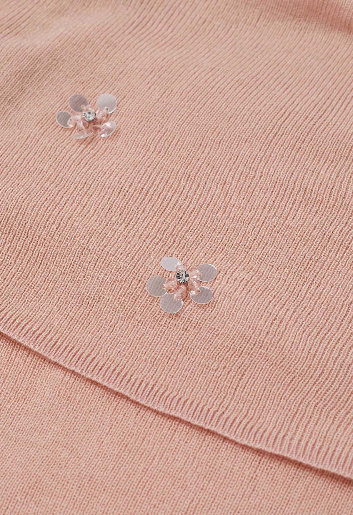 3D Sequin Flower Foldover Off-Shoulder Knit Top in Pink