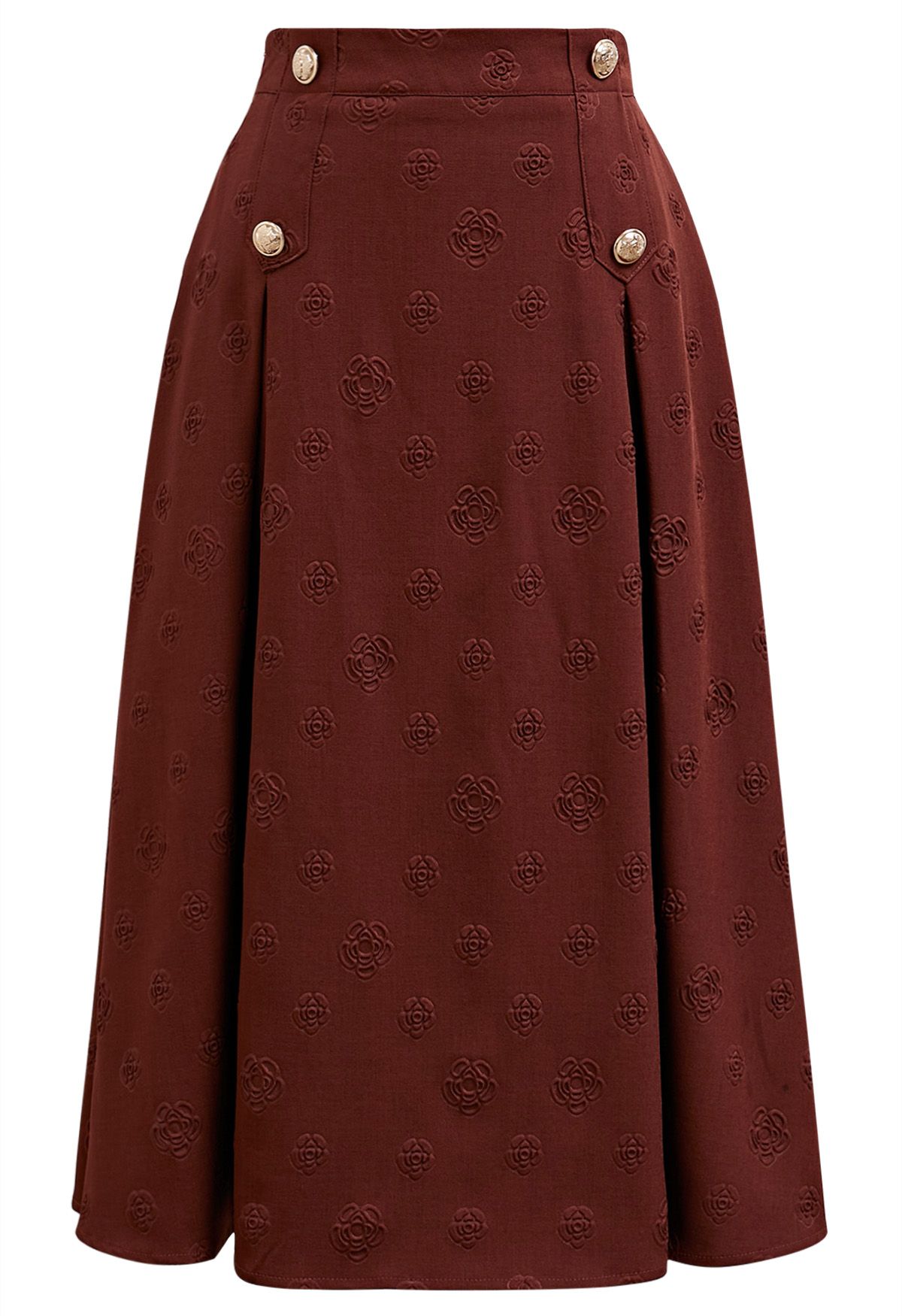 Embossed Rose A-Line Midi Skirt in Burgundy