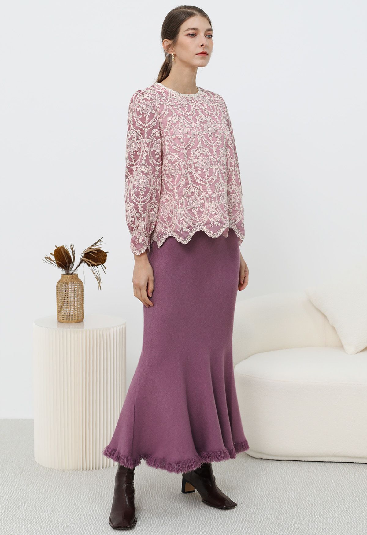 Easy Fringed Mermaid Knit Maxi Skirt in Violet