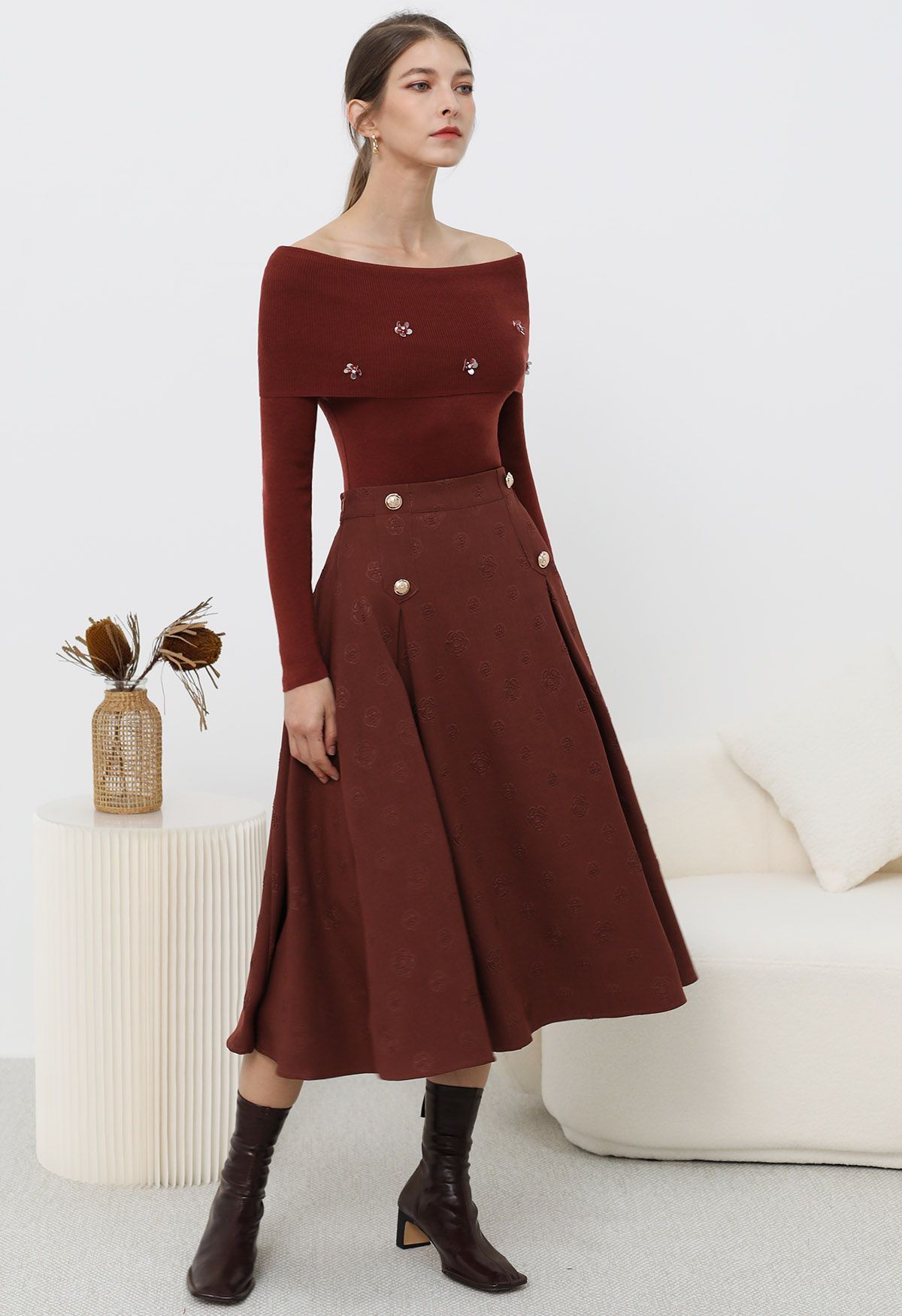 Embossed Rose A-Line Midi Skirt in Burgundy