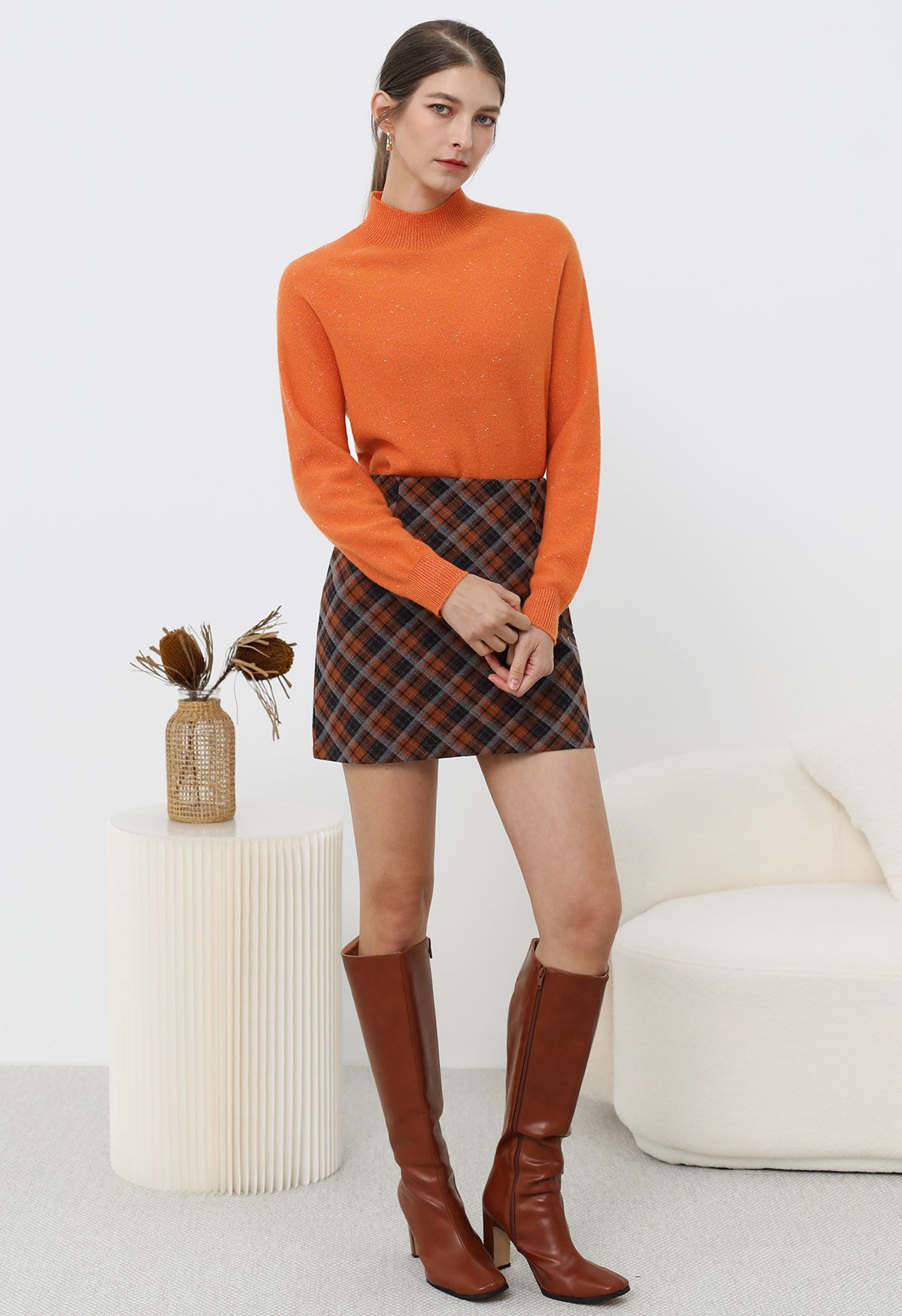 Falling for Plaid Mini Bud Skirt in Pumpkin