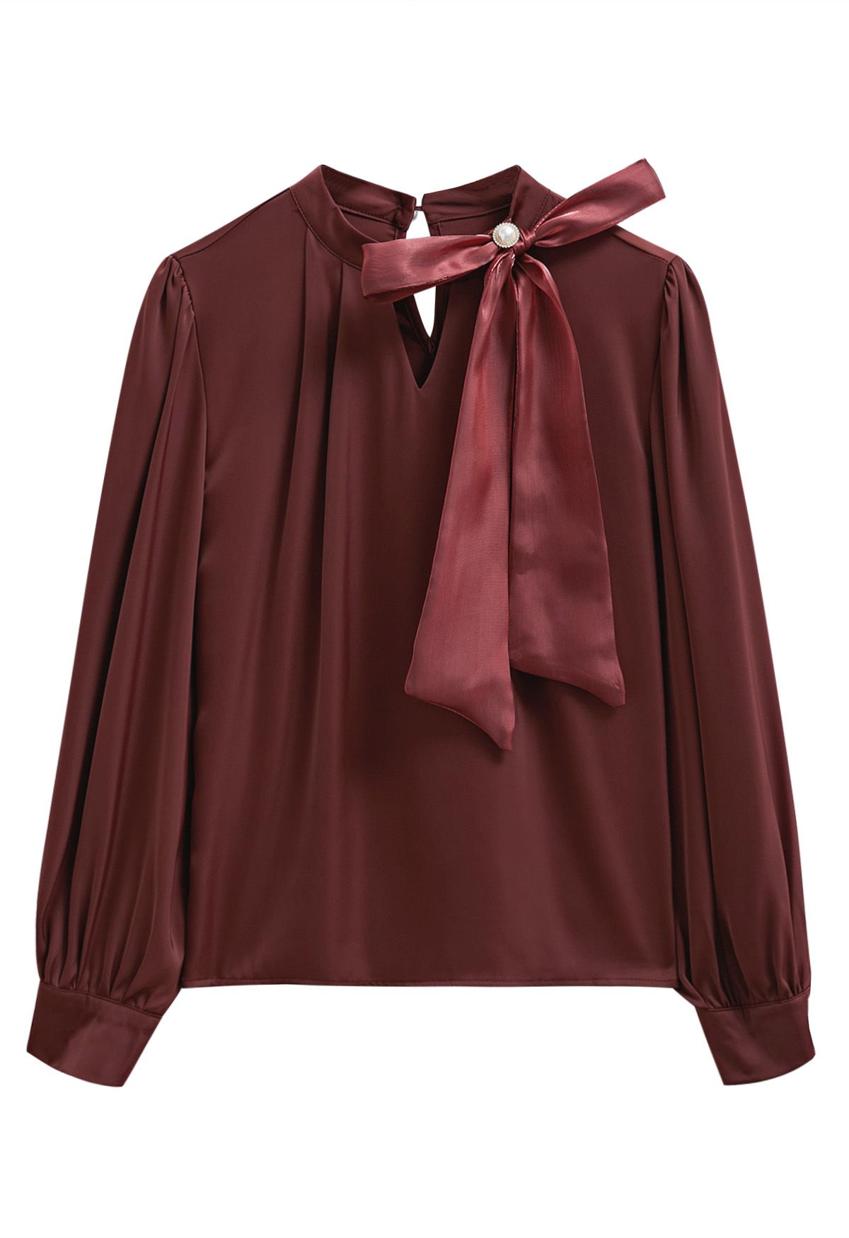 Pearly Organza Bowknot Satin Top in Burgundy