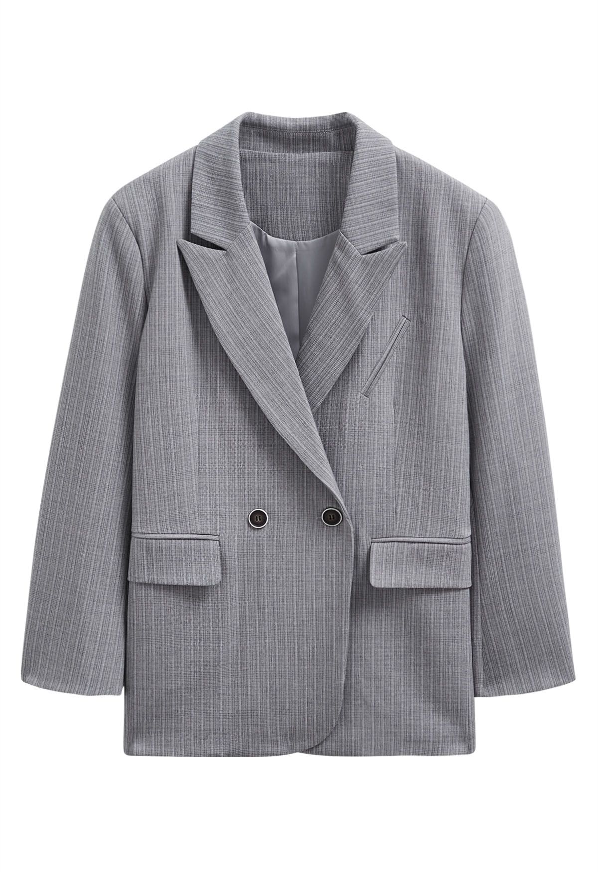 Everlasting Striped Padded Shoulder Oversized Blazer in Grey