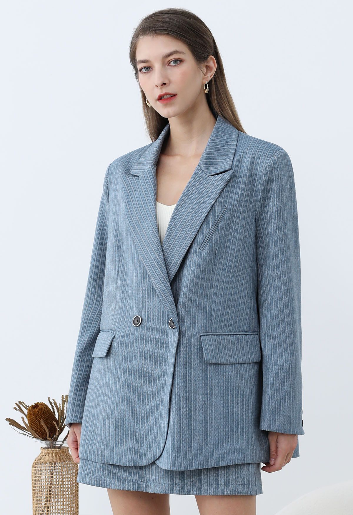 Everlasting Striped Padded Shoulder Oversized Blazer in Blue