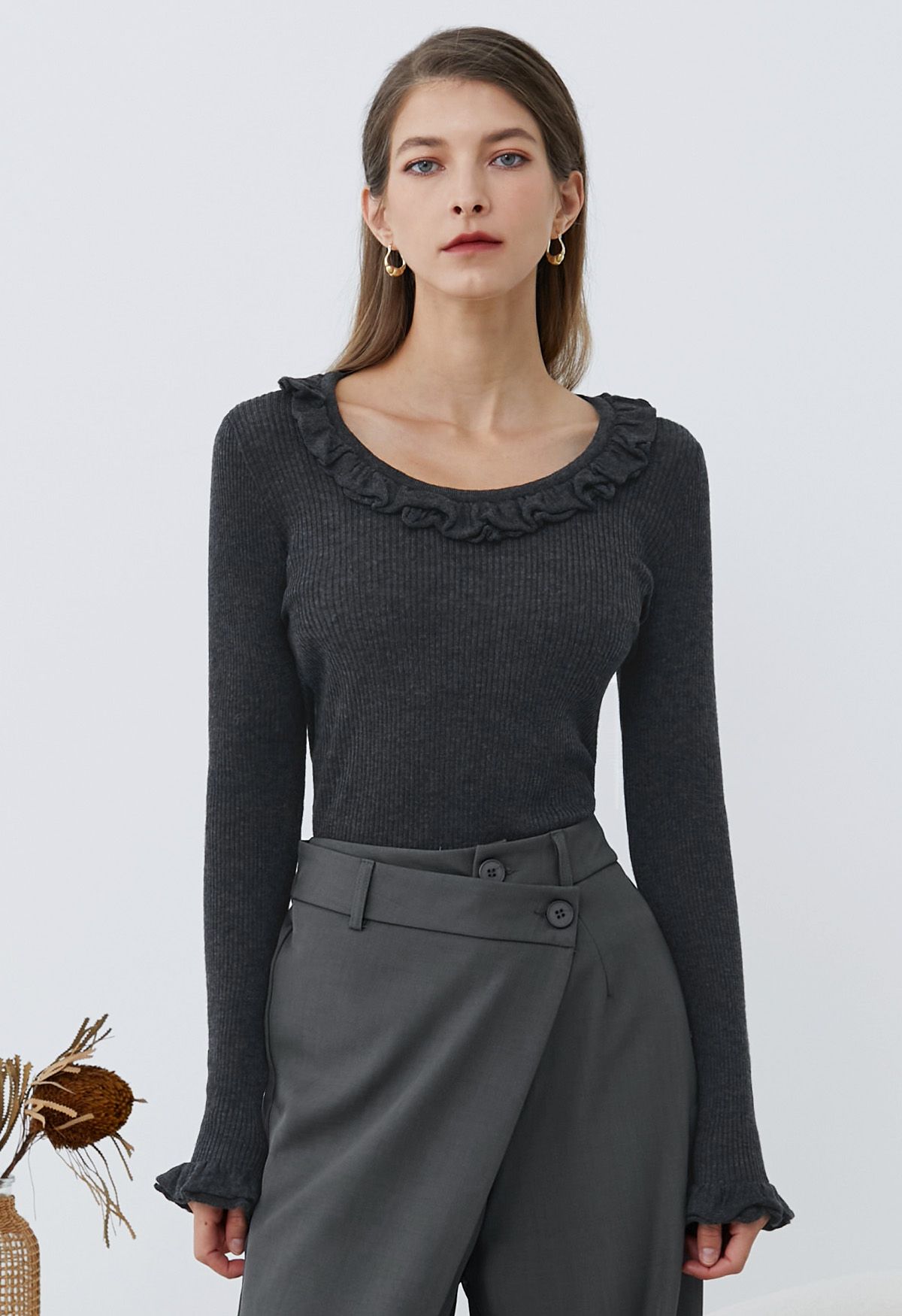 Ruffled Charm Long-Sleeve Ribbed Knit Top in Smoke