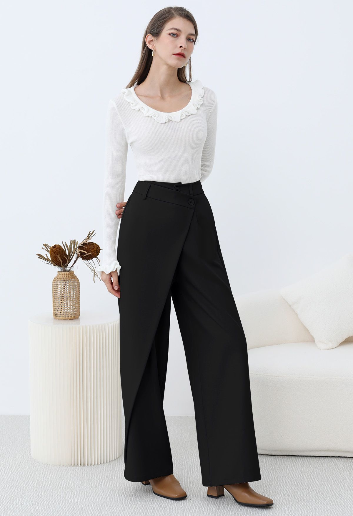 Asymmetric Flap Buttoned Straight-Leg Pants in Black