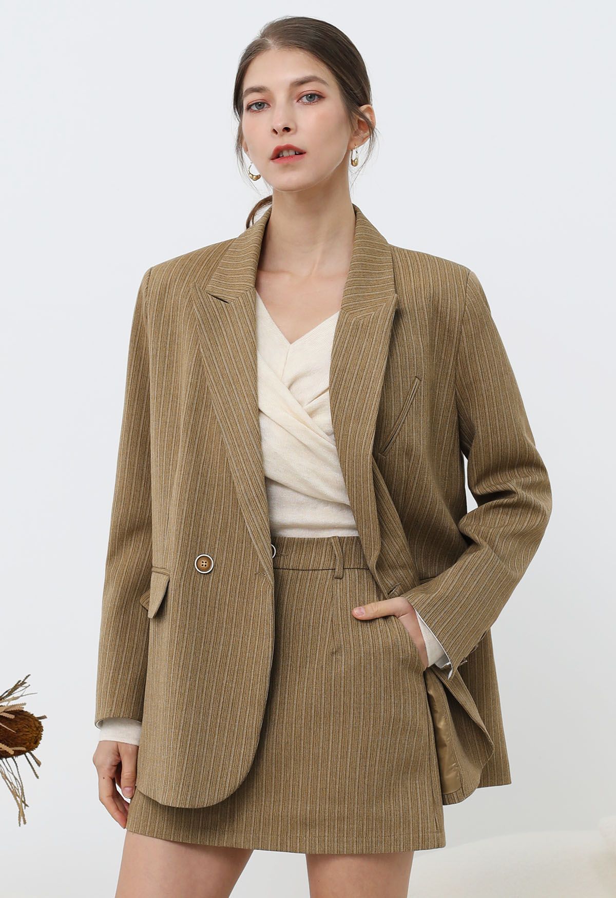 Everlasting Striped Padded Shoulder Oversized Blazer in Camel