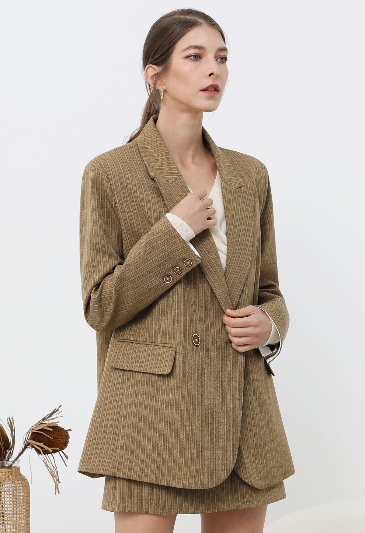 Everlasting Striped Padded Shoulder Oversized Blazer in Camel