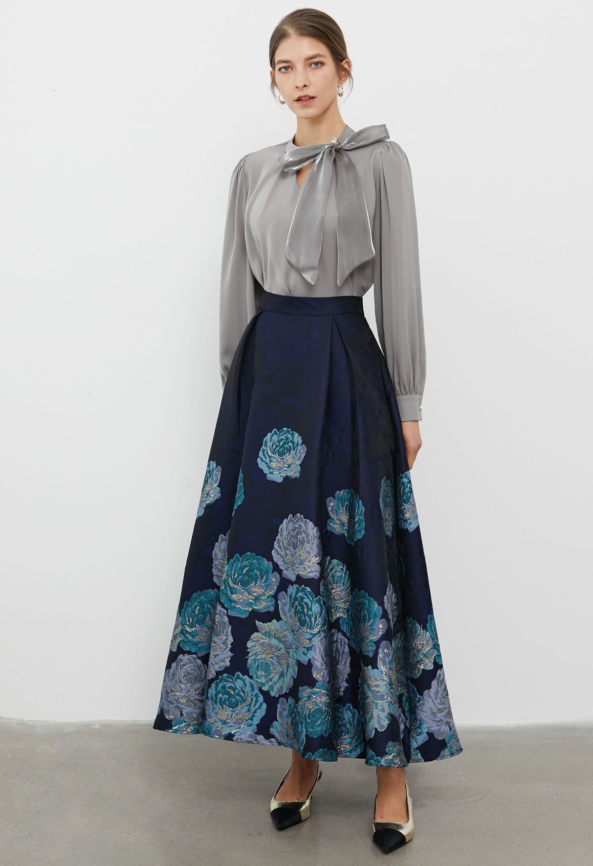 Midnight Blue Peony Jacquard Flare Maxi Skirt