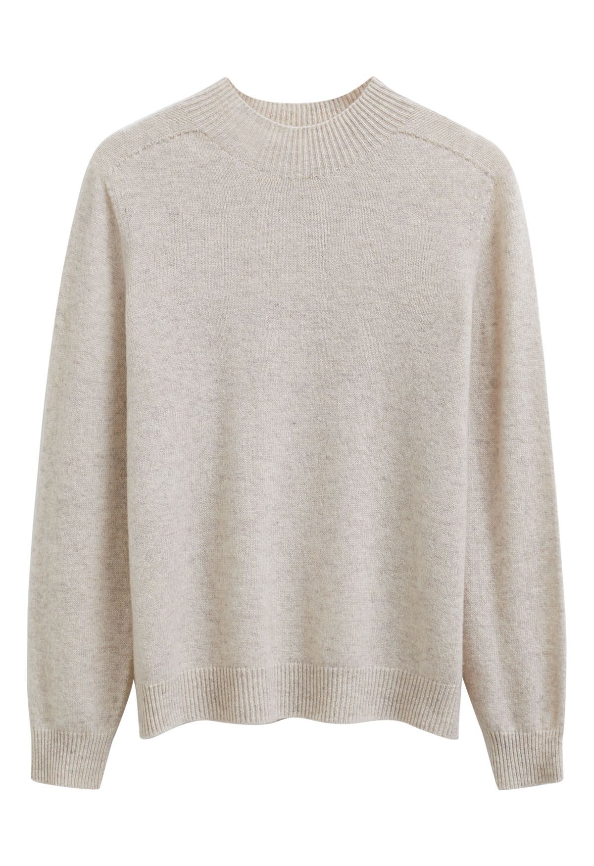 Heartwarming Mock Neck Long-Sleeve Wool Sweater in Linen