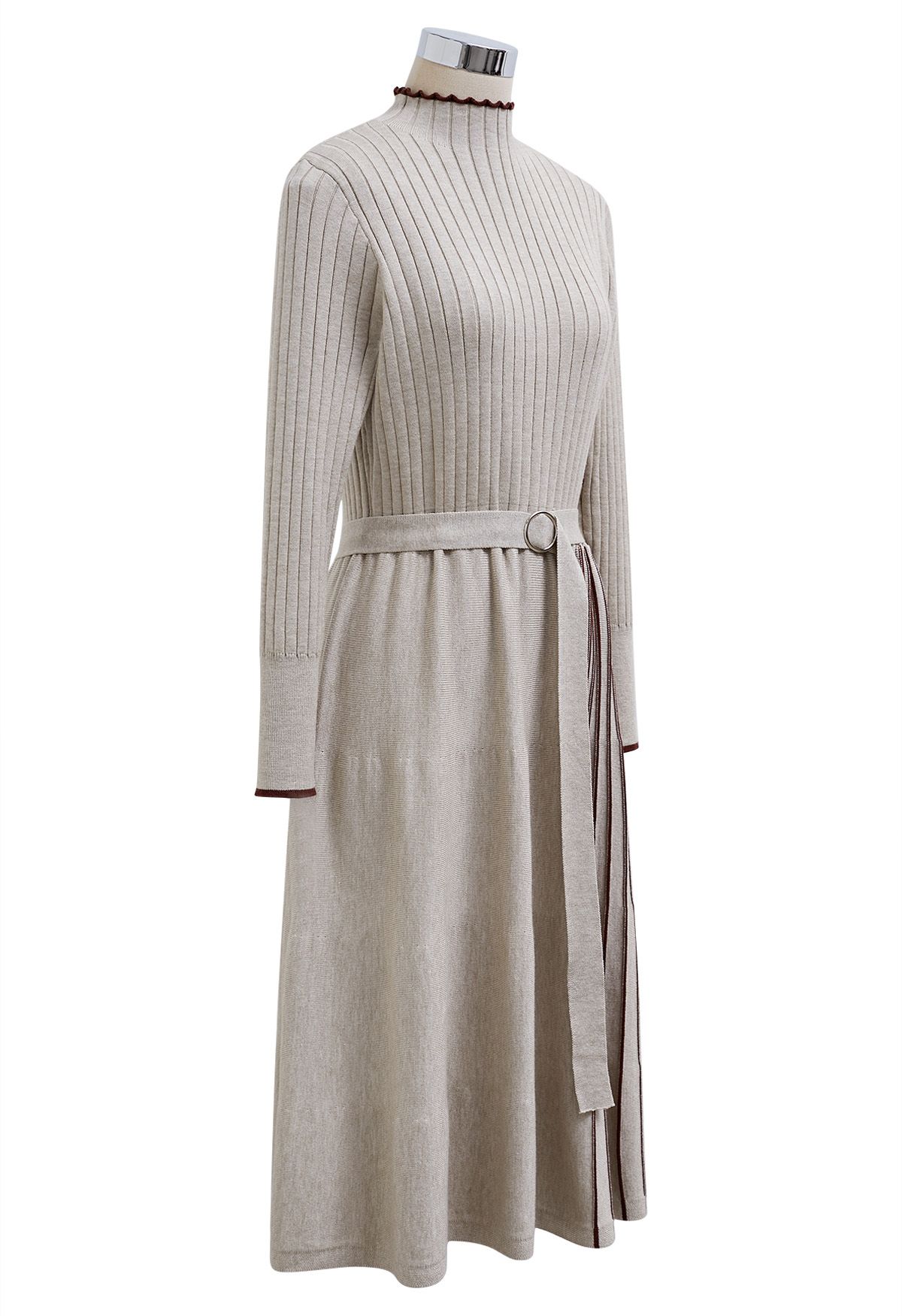 Inventive Contrast Striped Belted Ribbed Knit Dress in Oatmeal