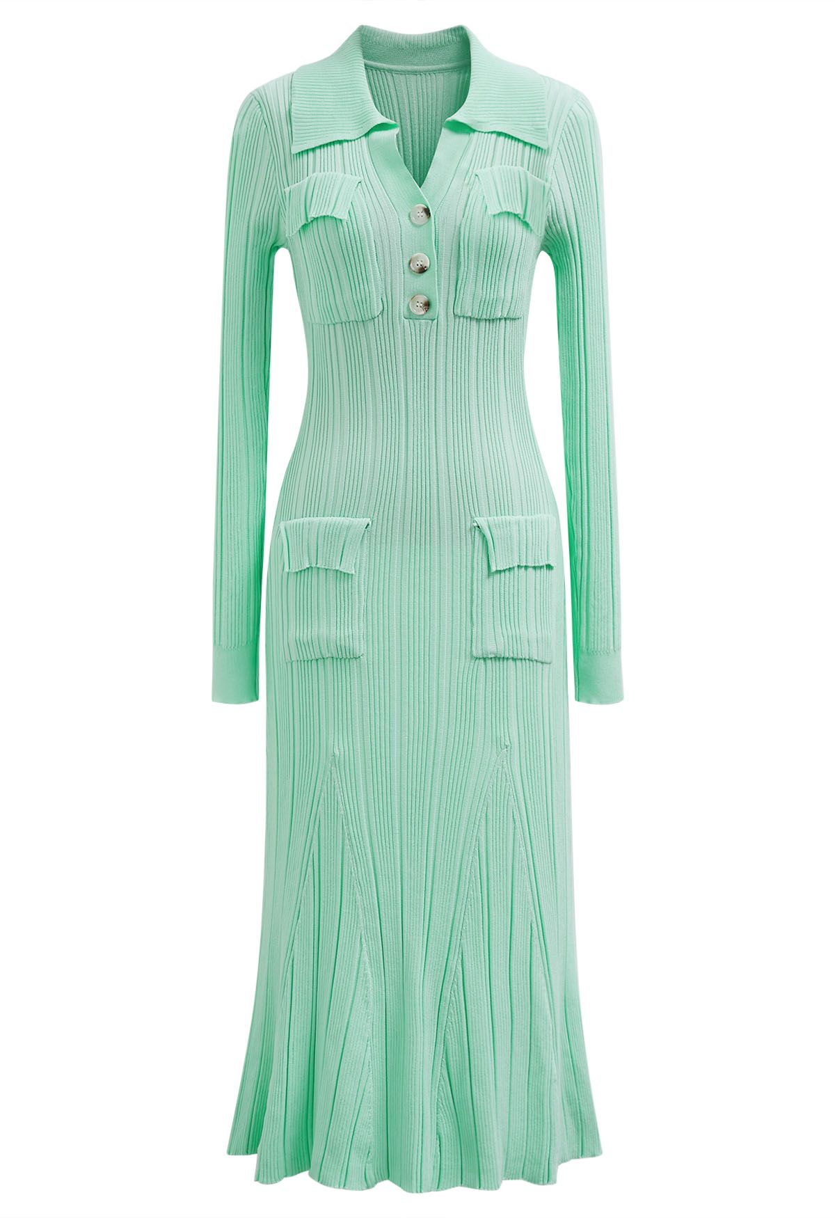 Relaxing Collared Flap Pocket Ribbed Knit Dress in Mint