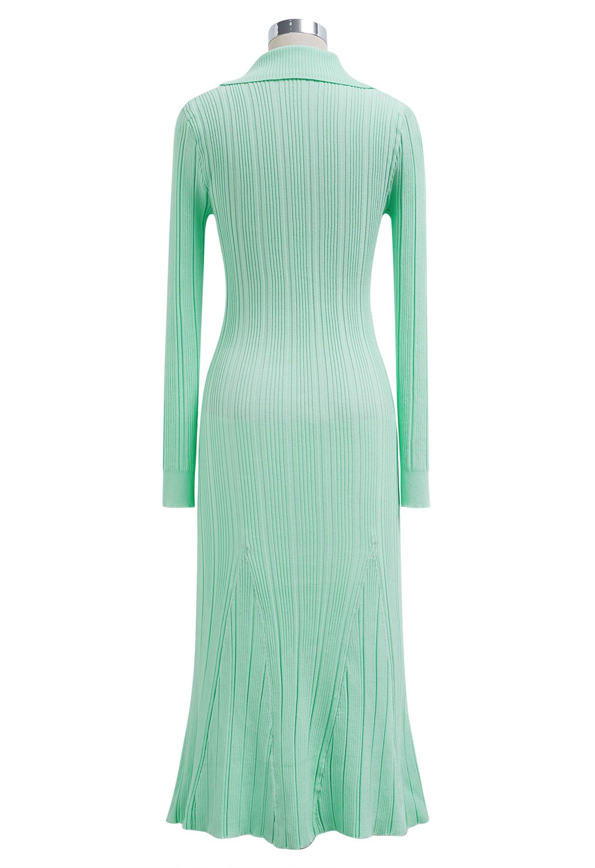 Relaxing Collared Flap Pocket Ribbed Knit Dress in Mint