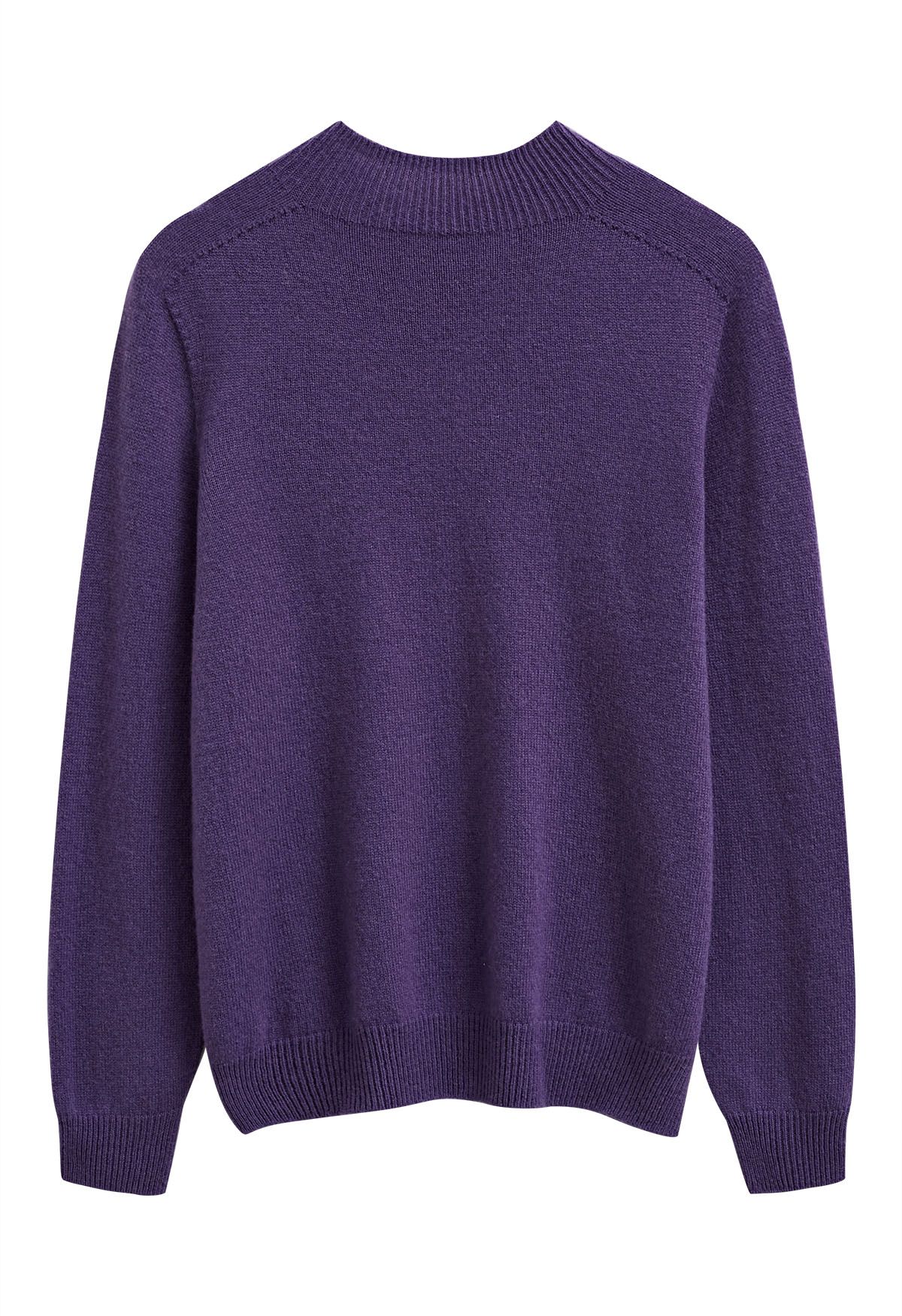 Heartwarming Mock Neck Long-Sleeve Wool Sweater in Purple