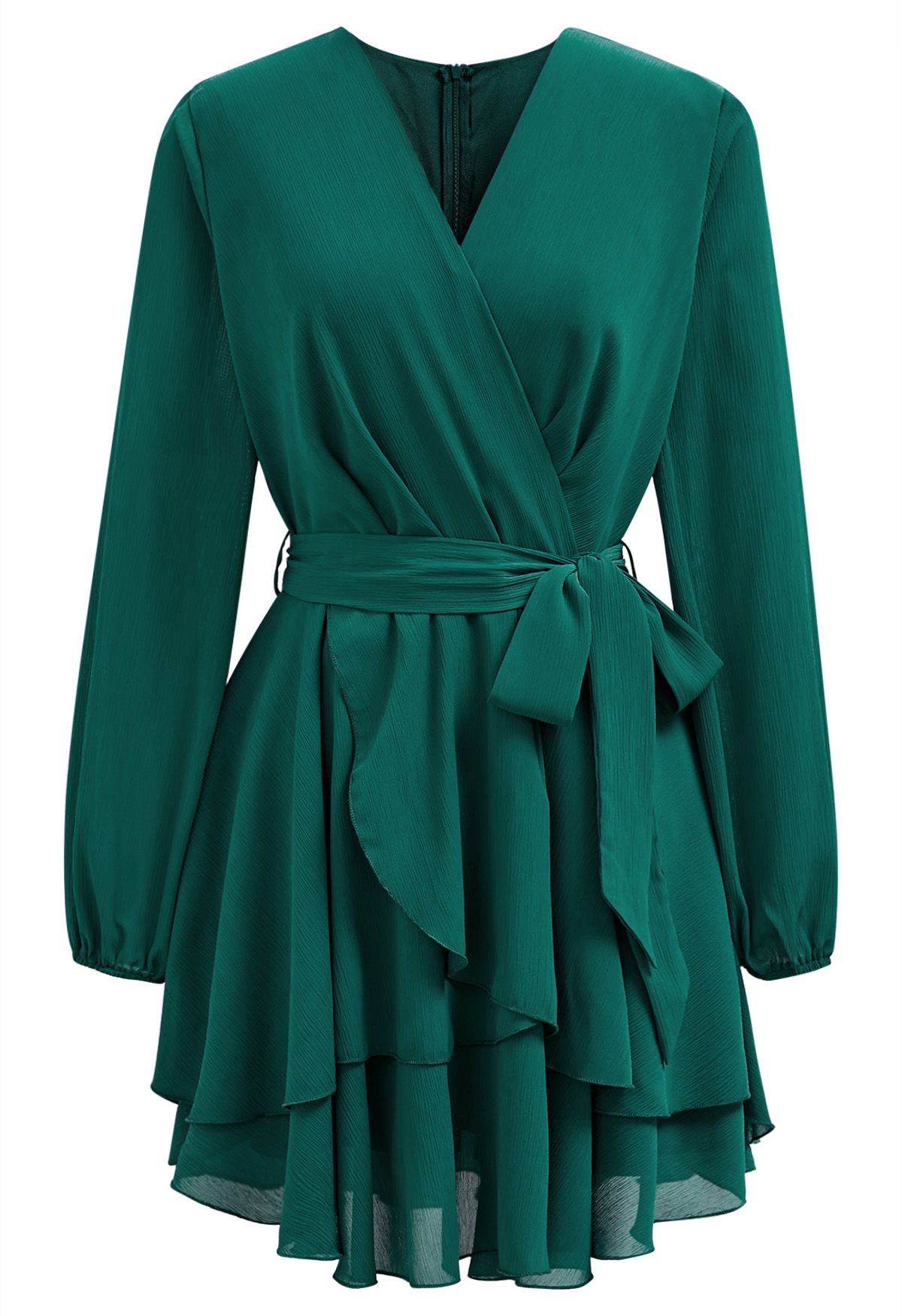 Lovable Tiered Ruffled V-Neck Wrapped Tie-Waist Mini Dress in Green