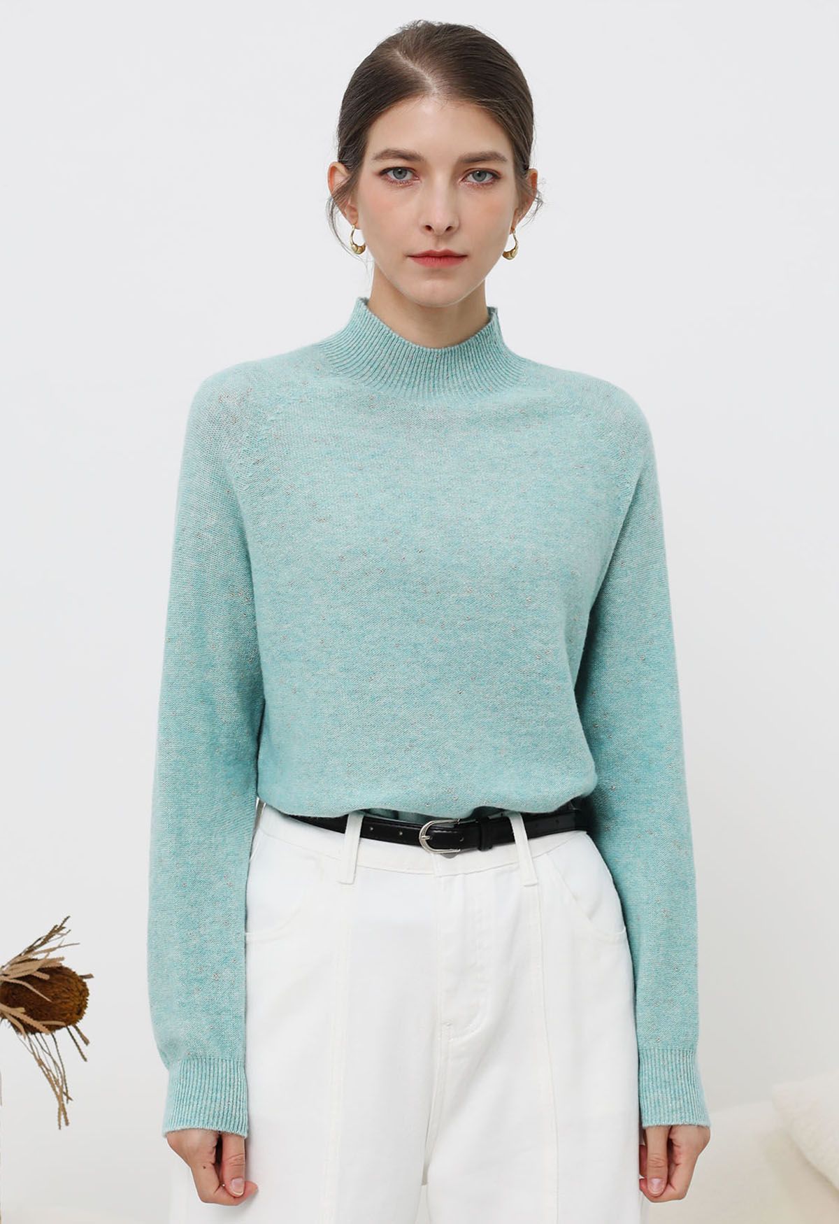 Integral Metallic Thread Mock Neck Wool Sweater in Mint