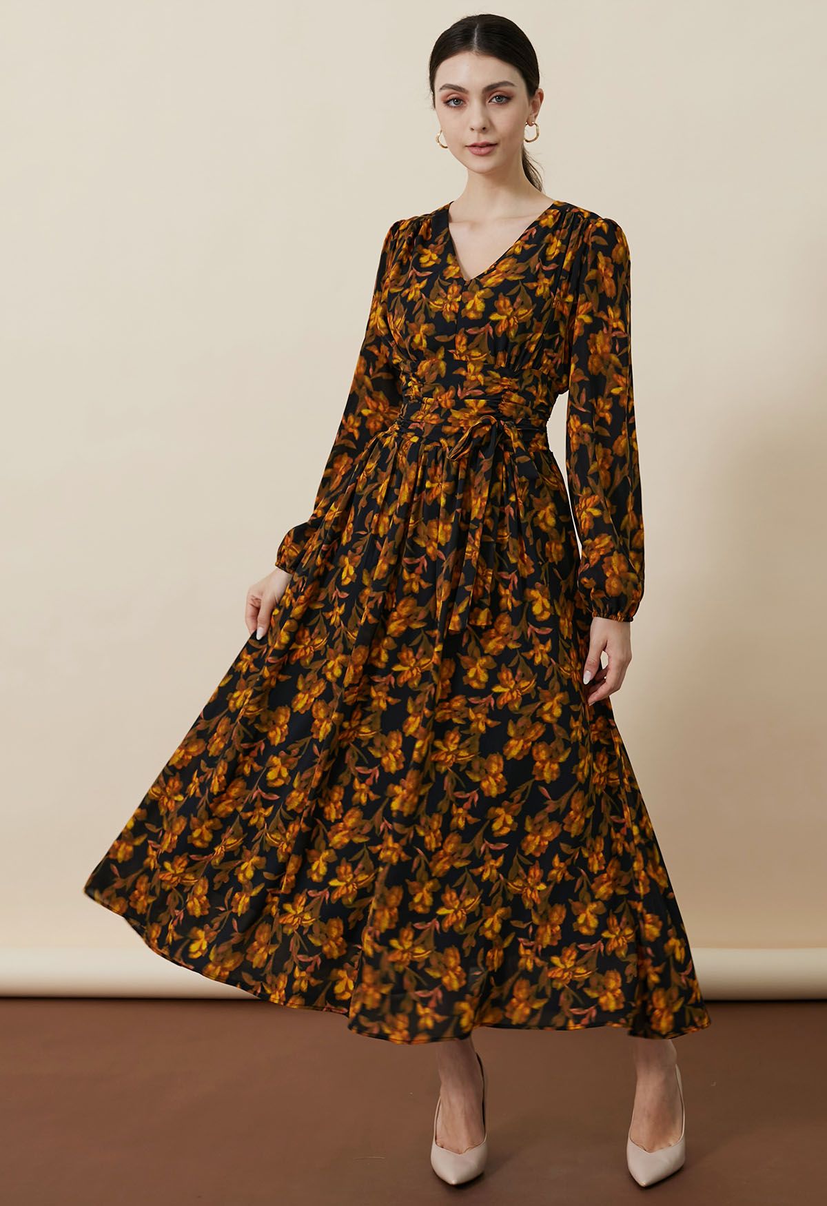 Floral Serenade V-Neck Chiffon Maxi Dress in Orange