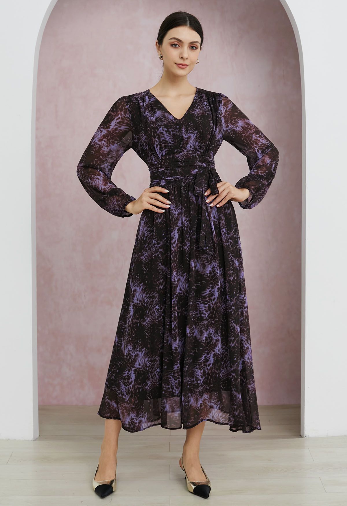 Wild Print V-Neck Chiffon Maxi Dress