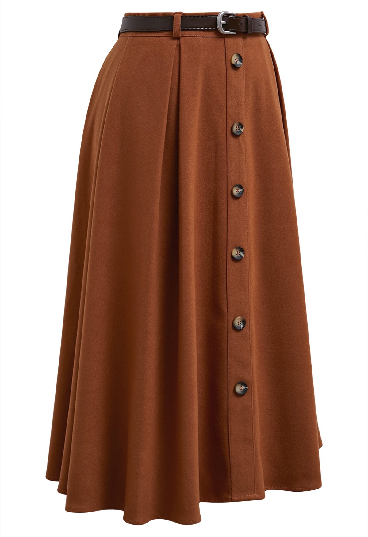 Vintage-Inspired Button Trim Pleated Midi Skirt in Pumpkin