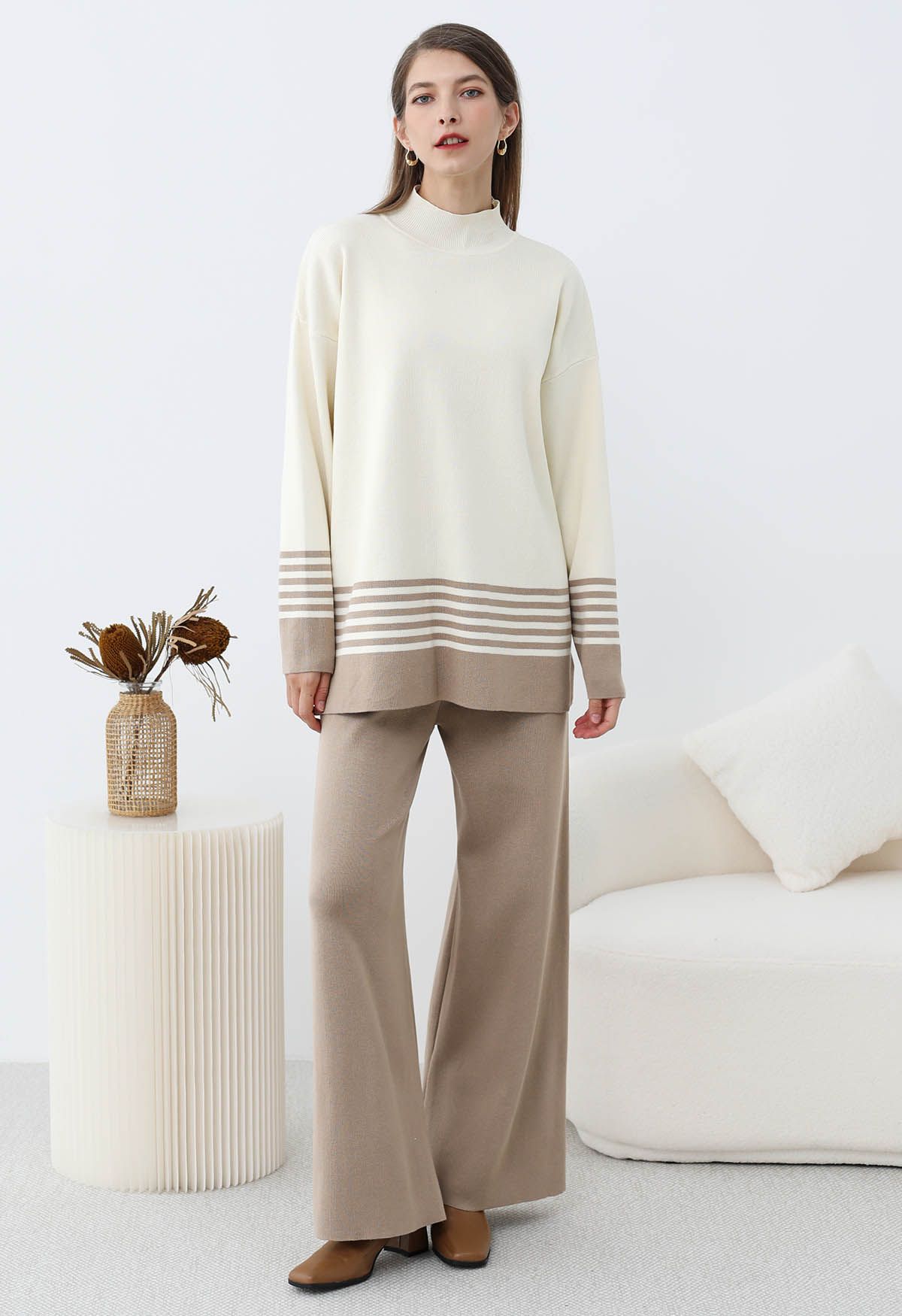 Two-Tone Striped Mock Neck Knit Sweater and Pants Set in Taupe