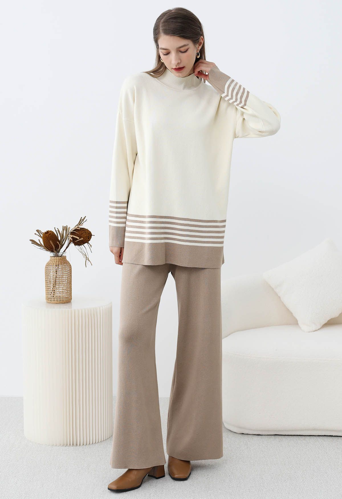 Two-Tone Striped Mock Neck Knit Sweater and Pants Set in Taupe