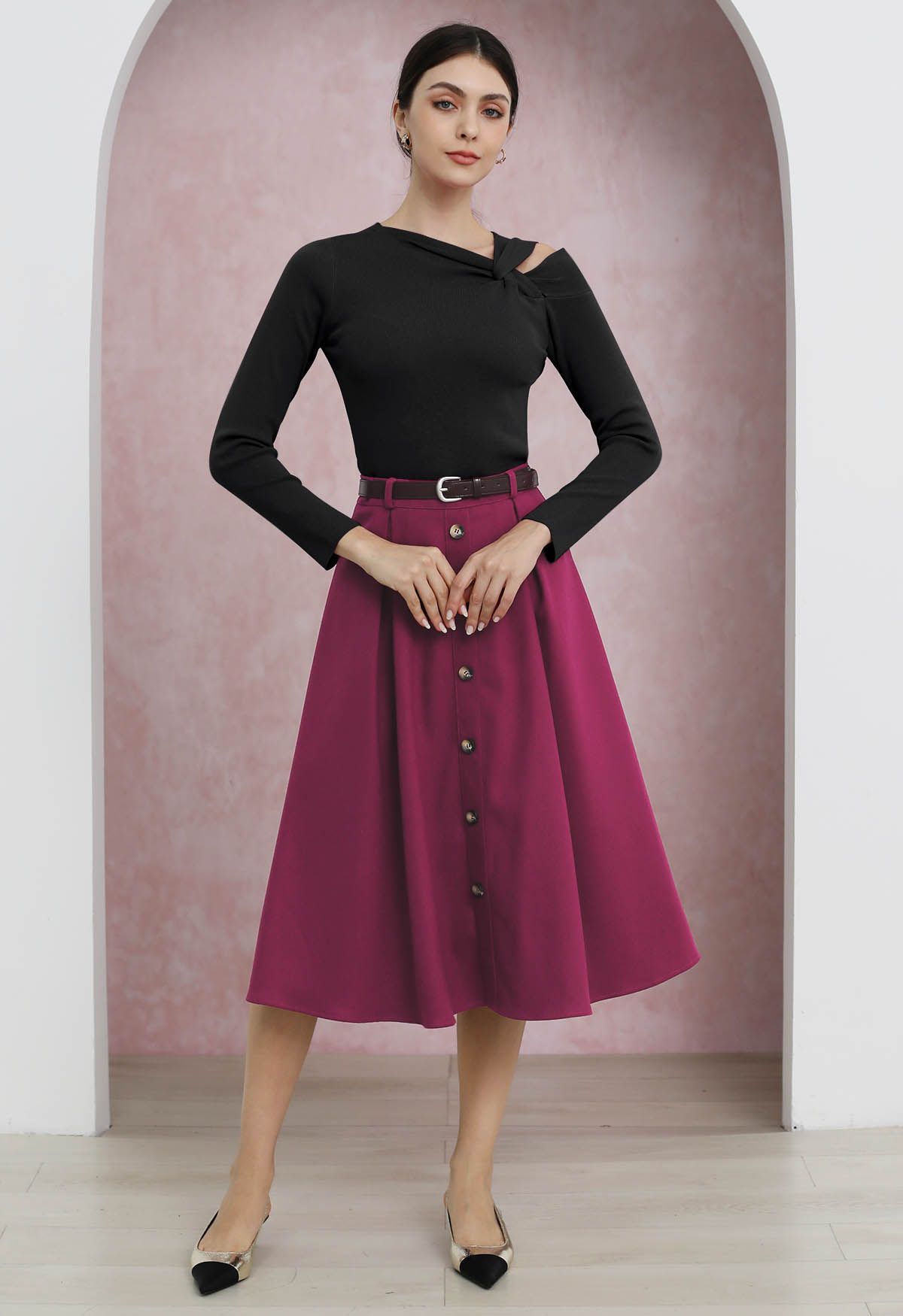 Vintage-Inspired Button Trim Pleated Midi Skirt in Berry